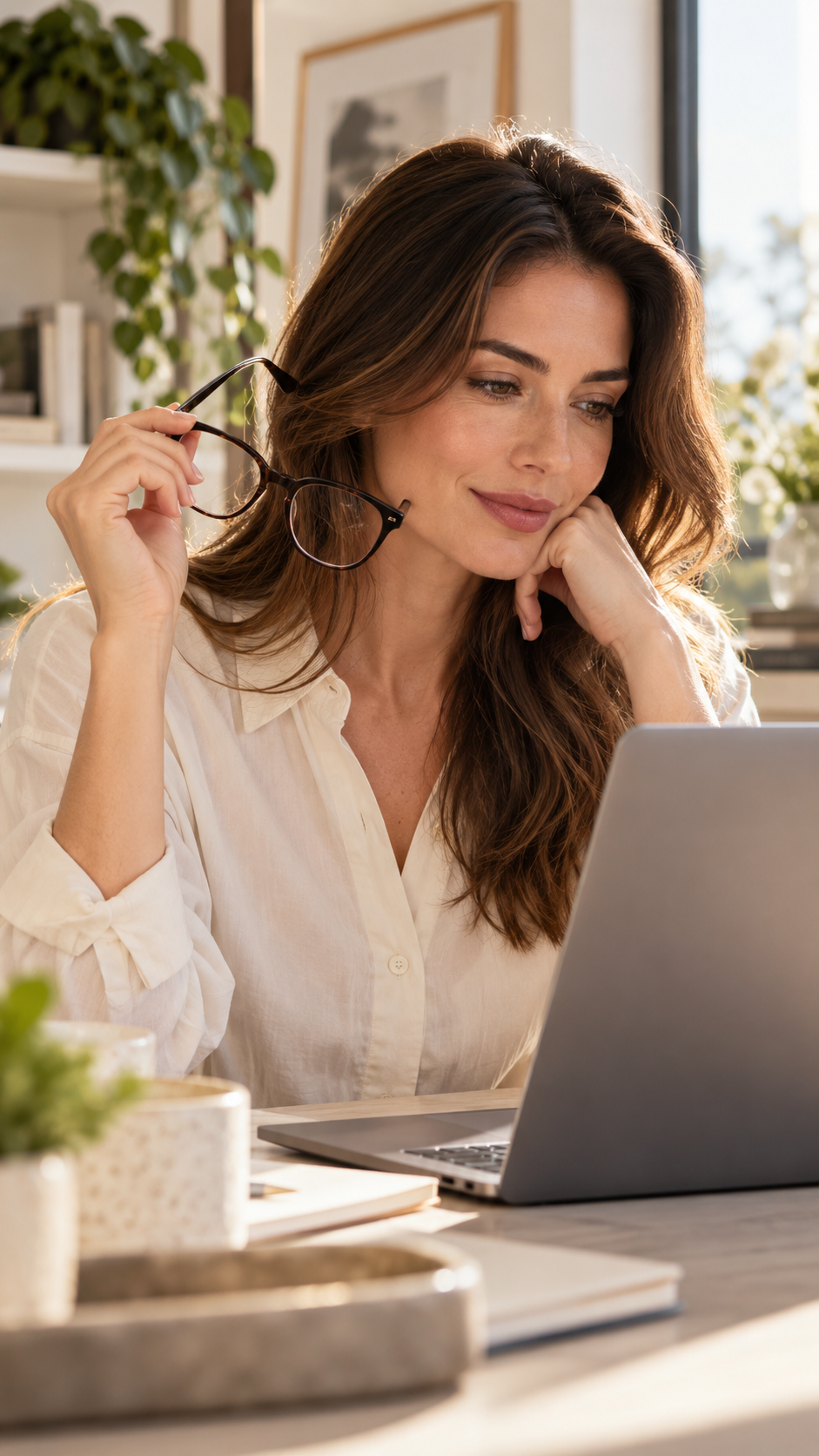 Woman holding eyeglasses beside her face while browsing on a laptop; editorial illustration.