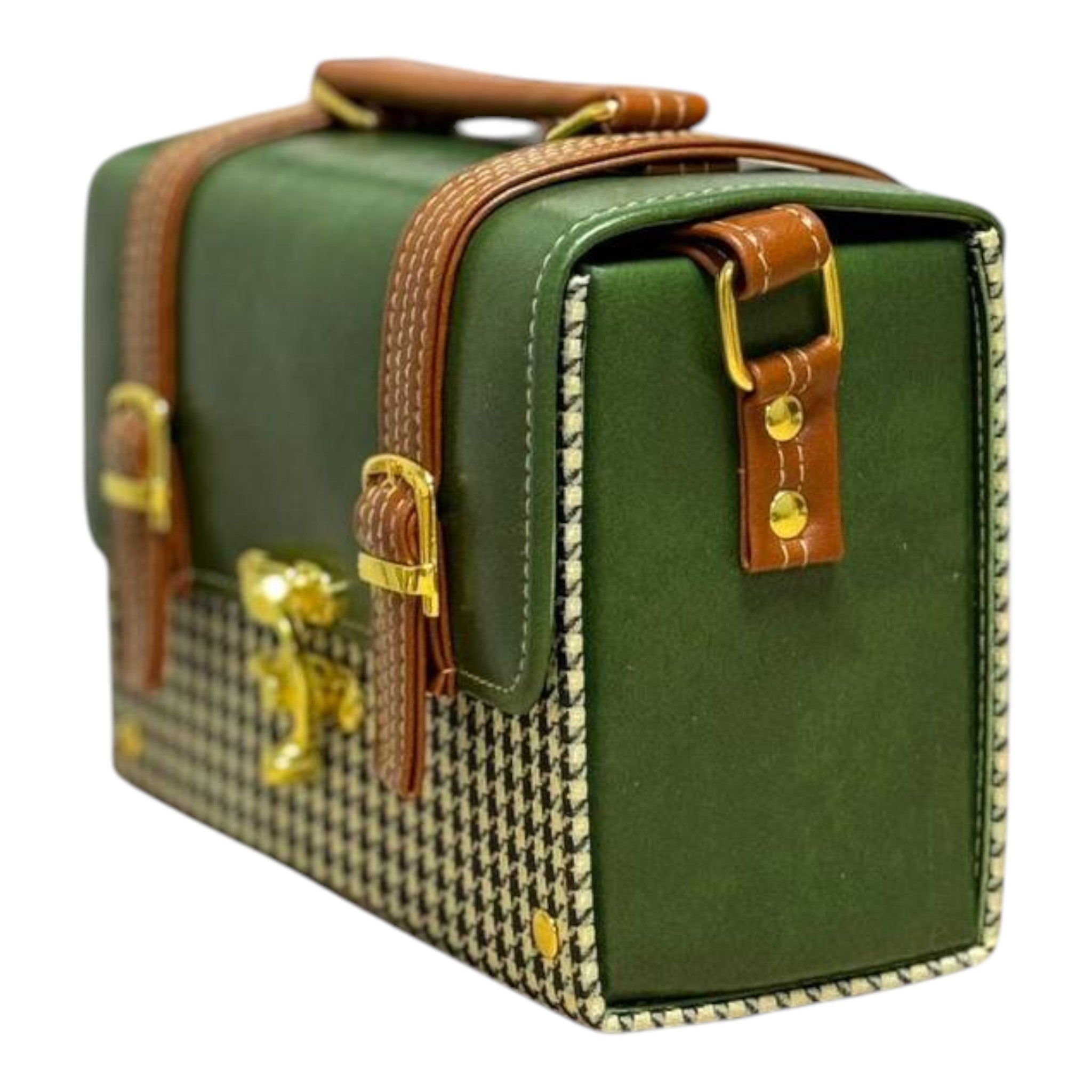 Vegan Leather Handbag – Forest Green Purse with Houndstooth Pattern & Gold Twist Lock by navichi