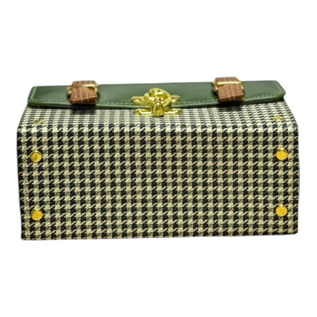 Vegan Leather Handbag – Forest Green Purse with Houndstooth Pattern & Gold Twist Lock by navichi