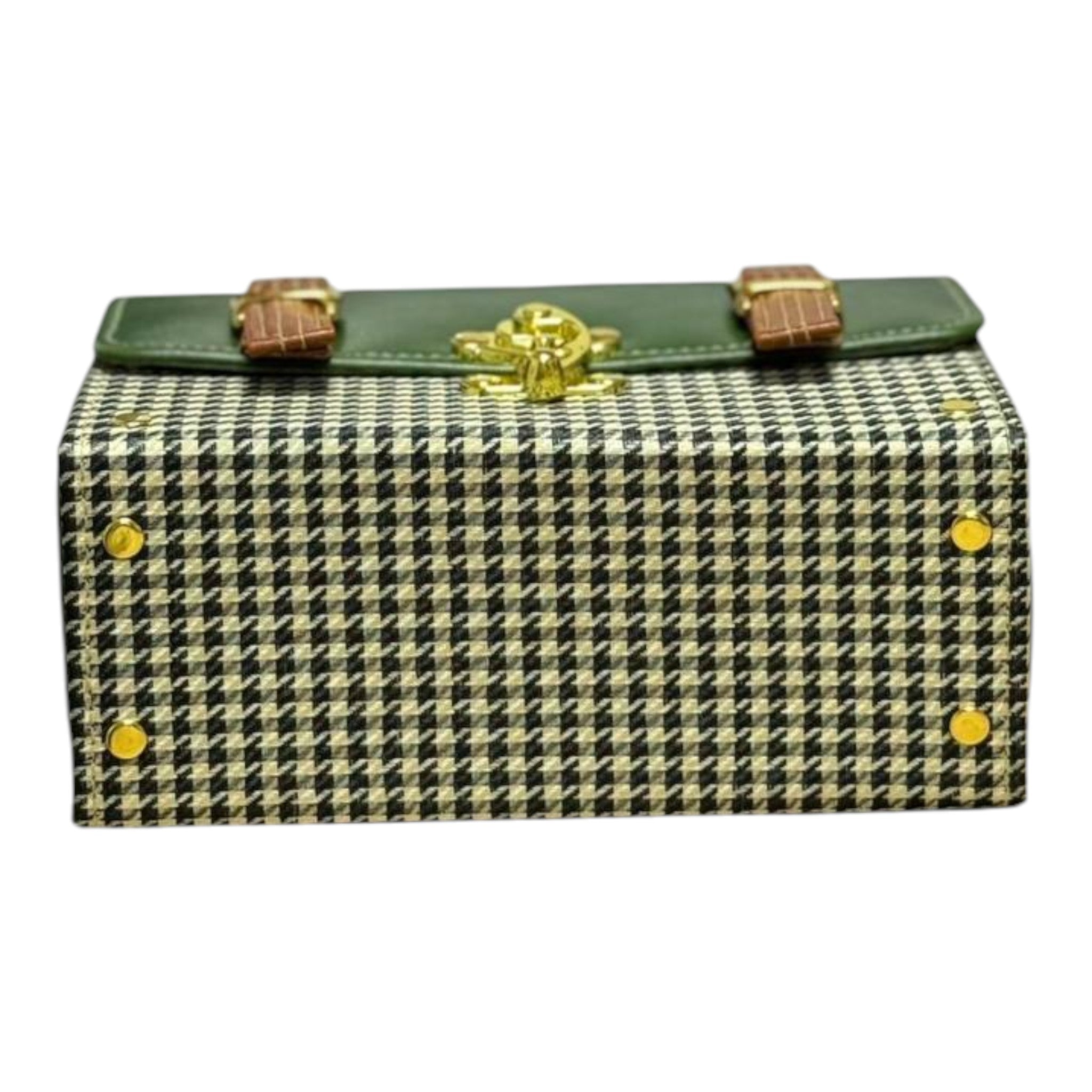 Vegan Leather Handbag – Forest Green Purse with Houndstooth Pattern & Gold Twist Lock by navichi