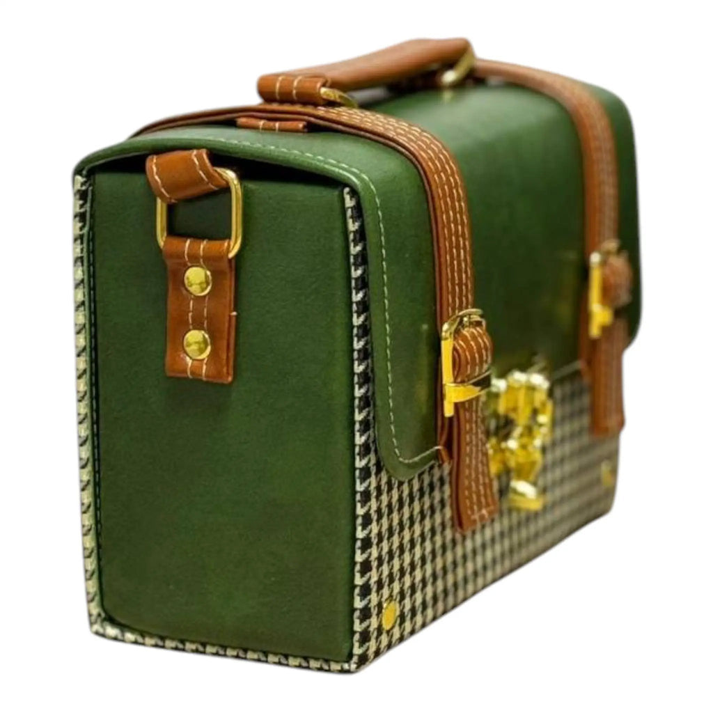 Vegan Leather Handbag – Forest Green Purse with Houndstooth Pattern & Gold Twist Lock by navichi