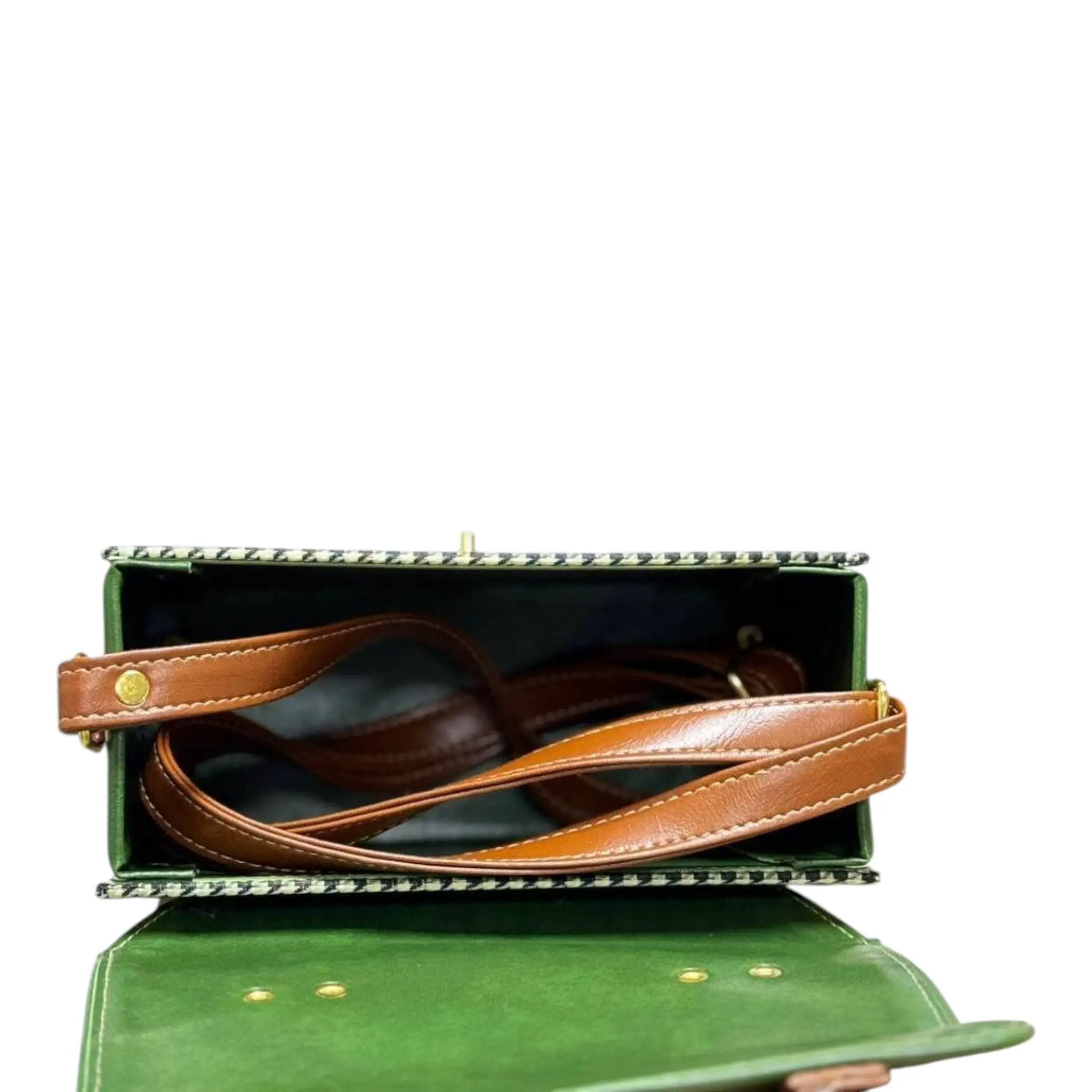 Vegan Leather Handbag – Forest Green Purse with Houndstooth Pattern & Gold Twist Lock by navichi