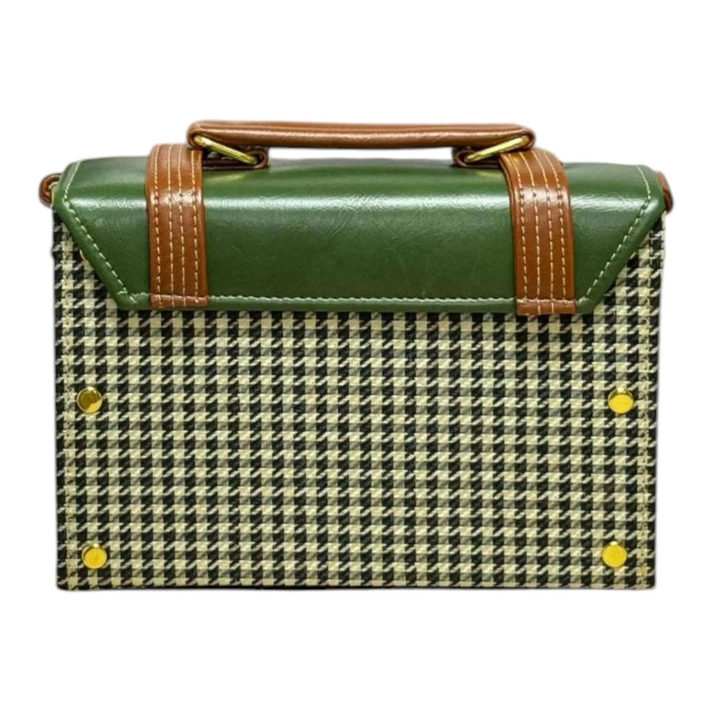 Vegan Leather Handbag – Forest Green Purse with Houndstooth Pattern & Gold Twist Lock by navichi