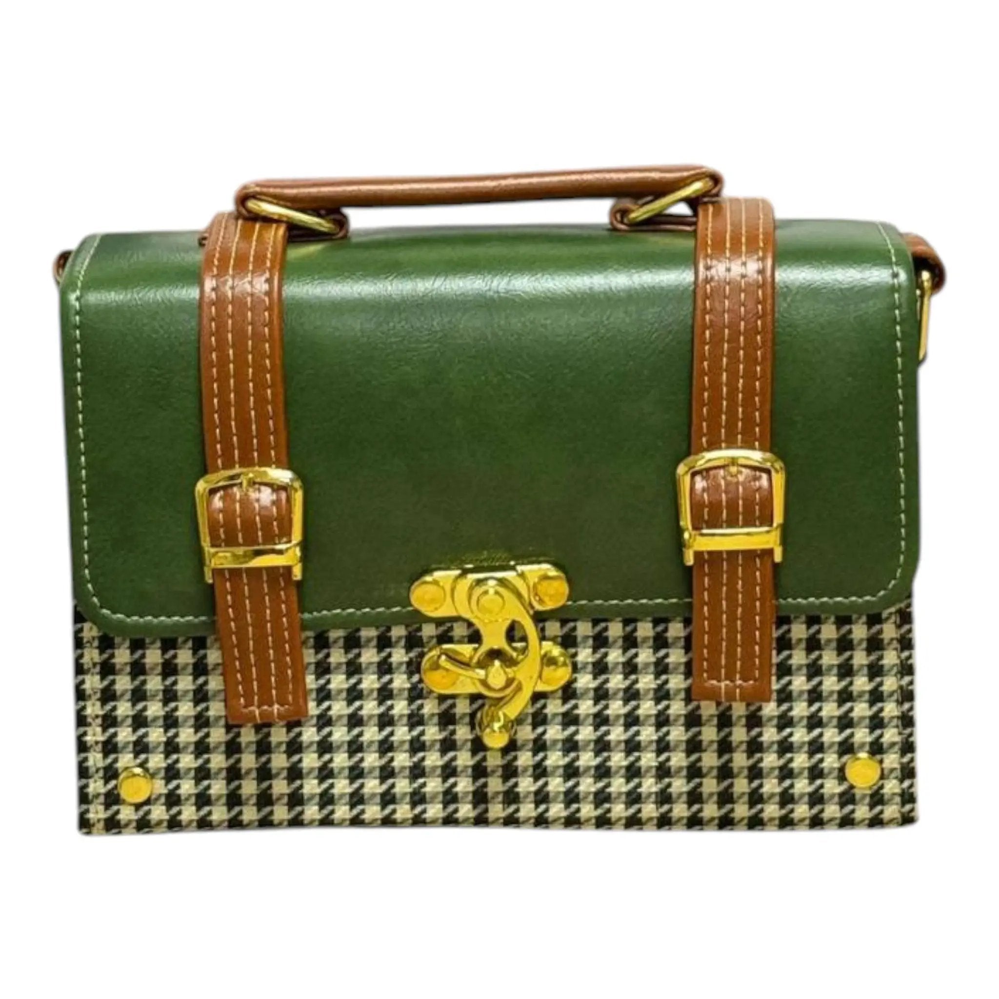 Vegan Leather Handbag – Forest Green Purse with Houndstooth Pattern & Gold Twist Lock by navichi
