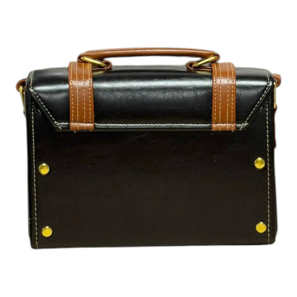 Vegan Leather Bag – Handmade Structured Box Bag with Caramel Brown Strap & Gold Hardware by navichi