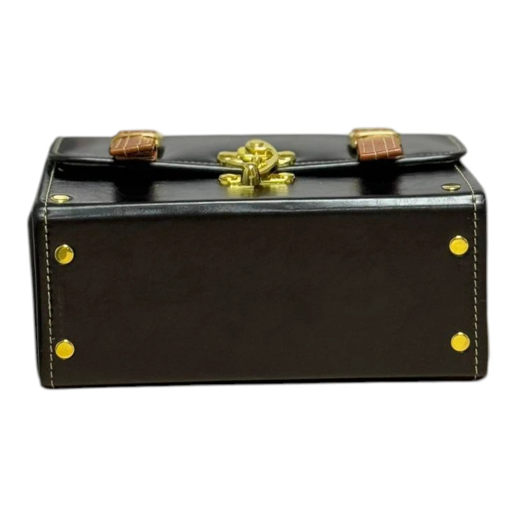 Vegan Leather Bag – Handmade Structured Box Bag with Caramel Brown Strap & Gold Hardware by navichi
