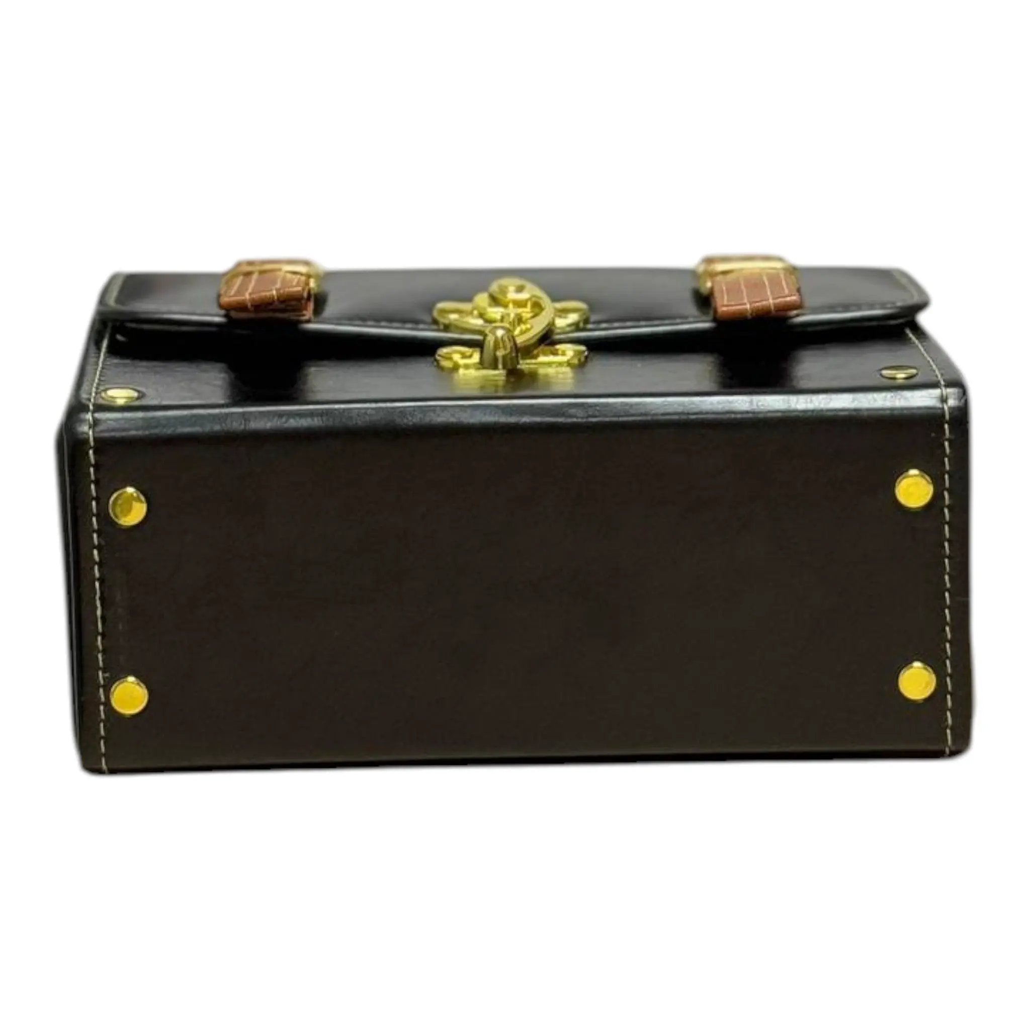 Vegan Leather Bag – Handmade Structured Box Bag with Caramel Brown Strap & Gold Hardware by navichi