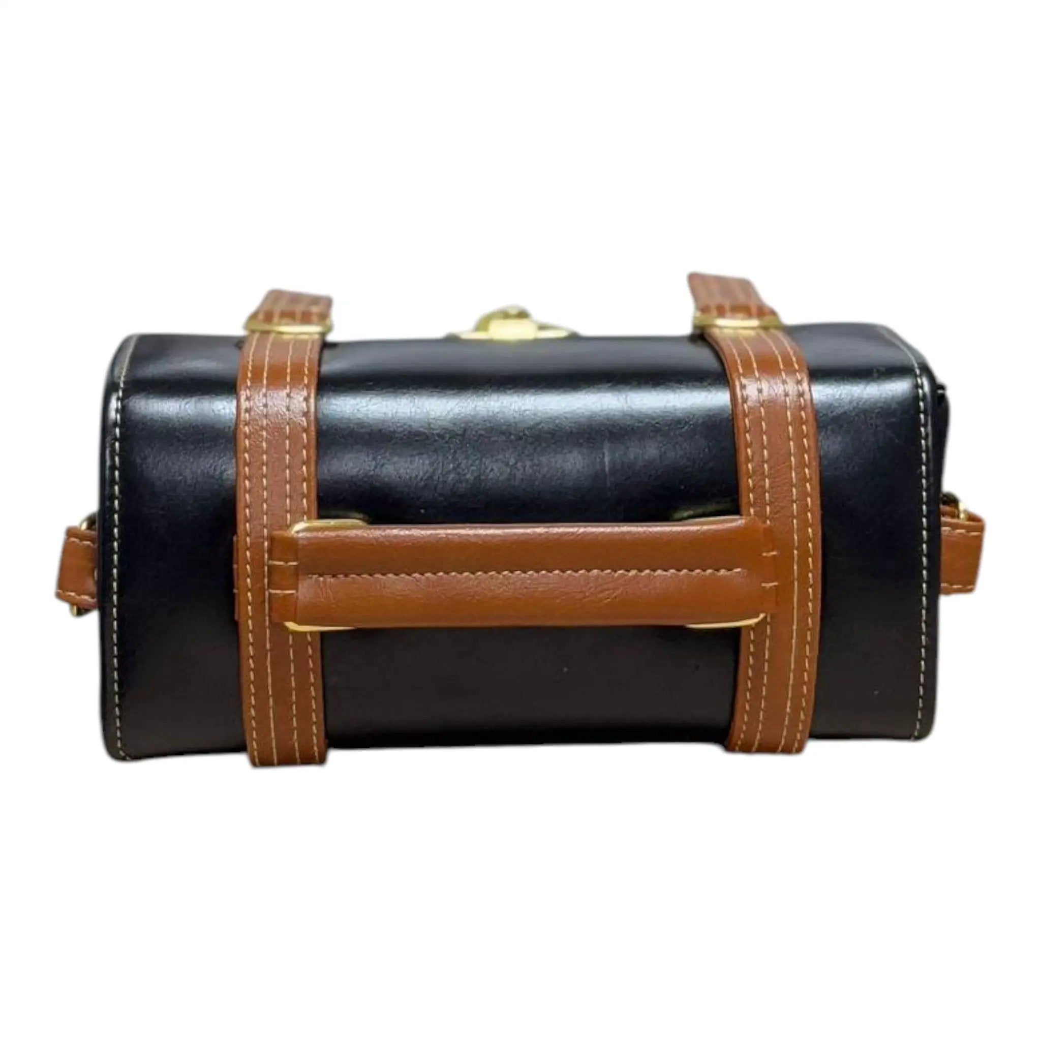 Vegan Leather Bag – Handmade Structured Box Bag with Caramel Brown Strap & Gold Hardware by navichi