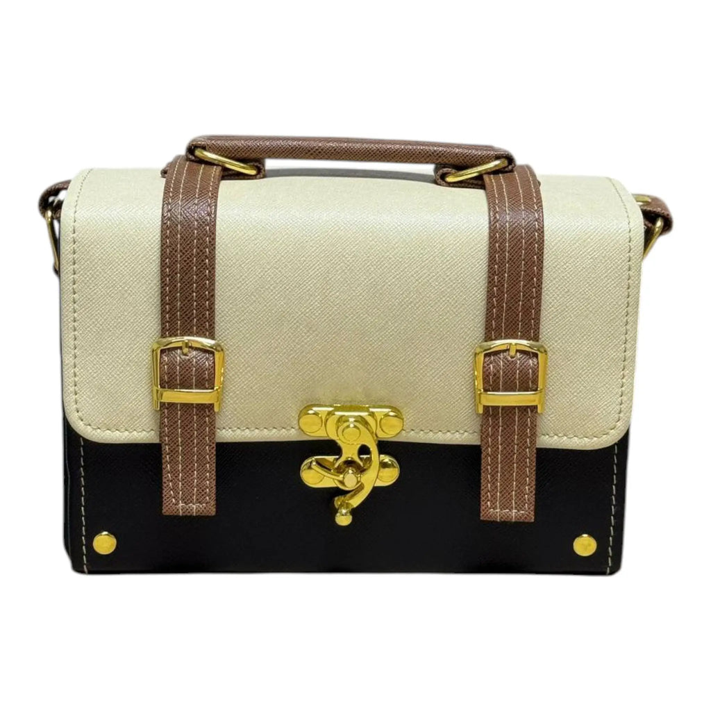 Vegan Leather Box Bag – Handmade Two-Tone Mini Satchel With Gold Hardware Clasp by navichi