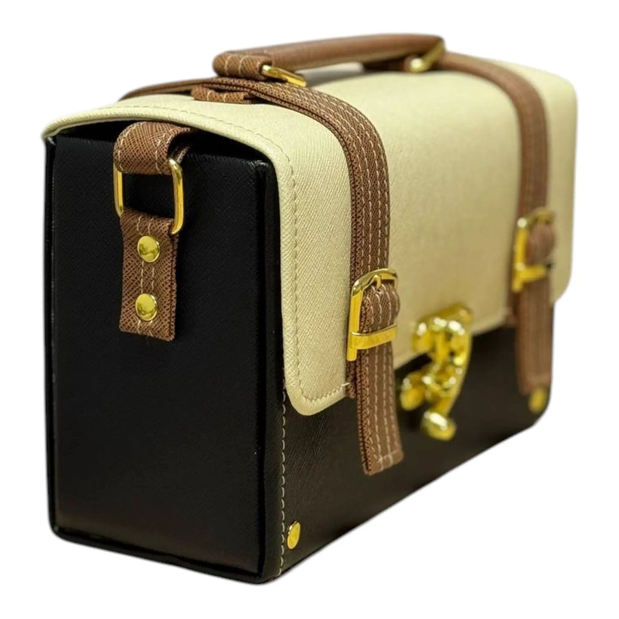 Vegan Leather Box Bag – Handmade Two-Tone Mini Satchel With Gold Hardware Clasp by navichi