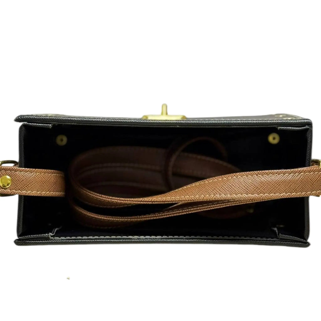 Vegan Leather Box Bag – Handmade Two-Tone Mini Satchel With Gold Hardware Clasp by navichi