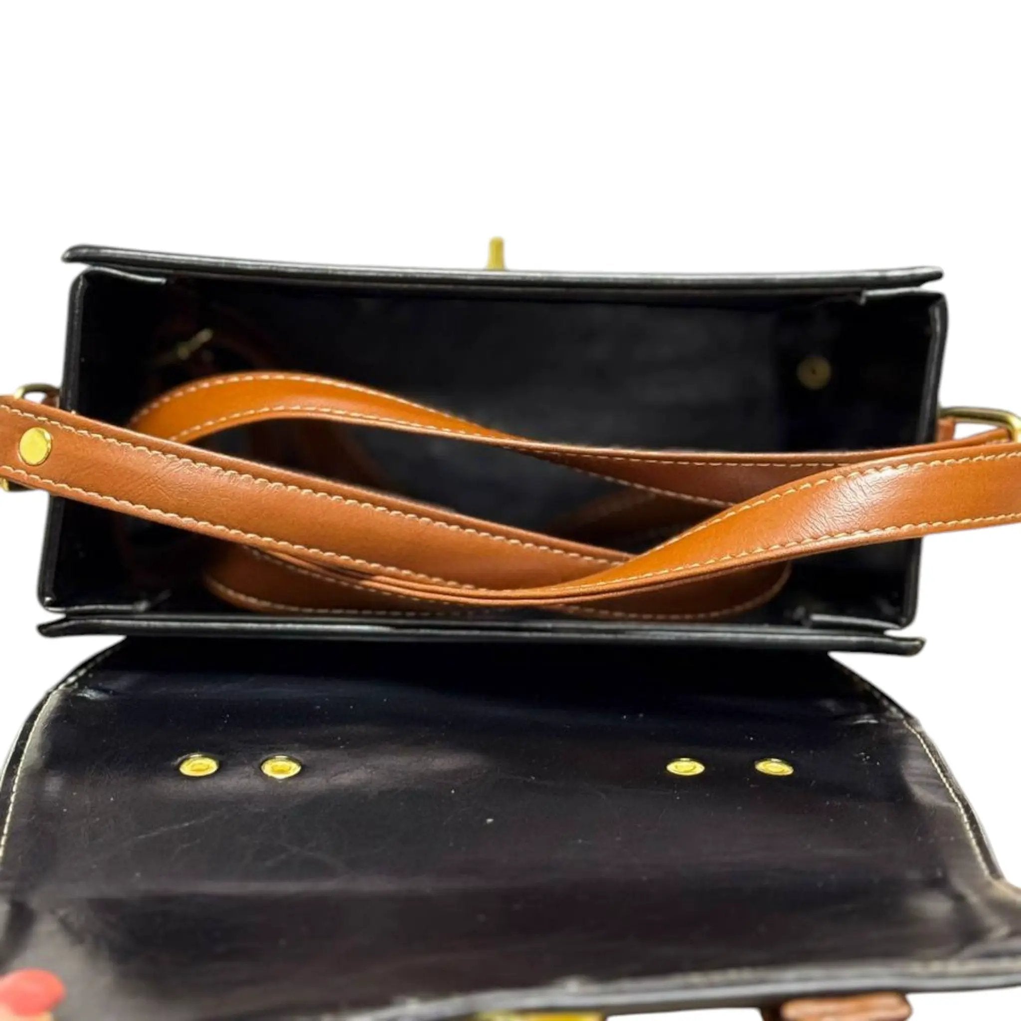 Vegan Leather Bag – Handmade Structured Box Bag with Caramel Brown Strap & Gold Hardware by navichi