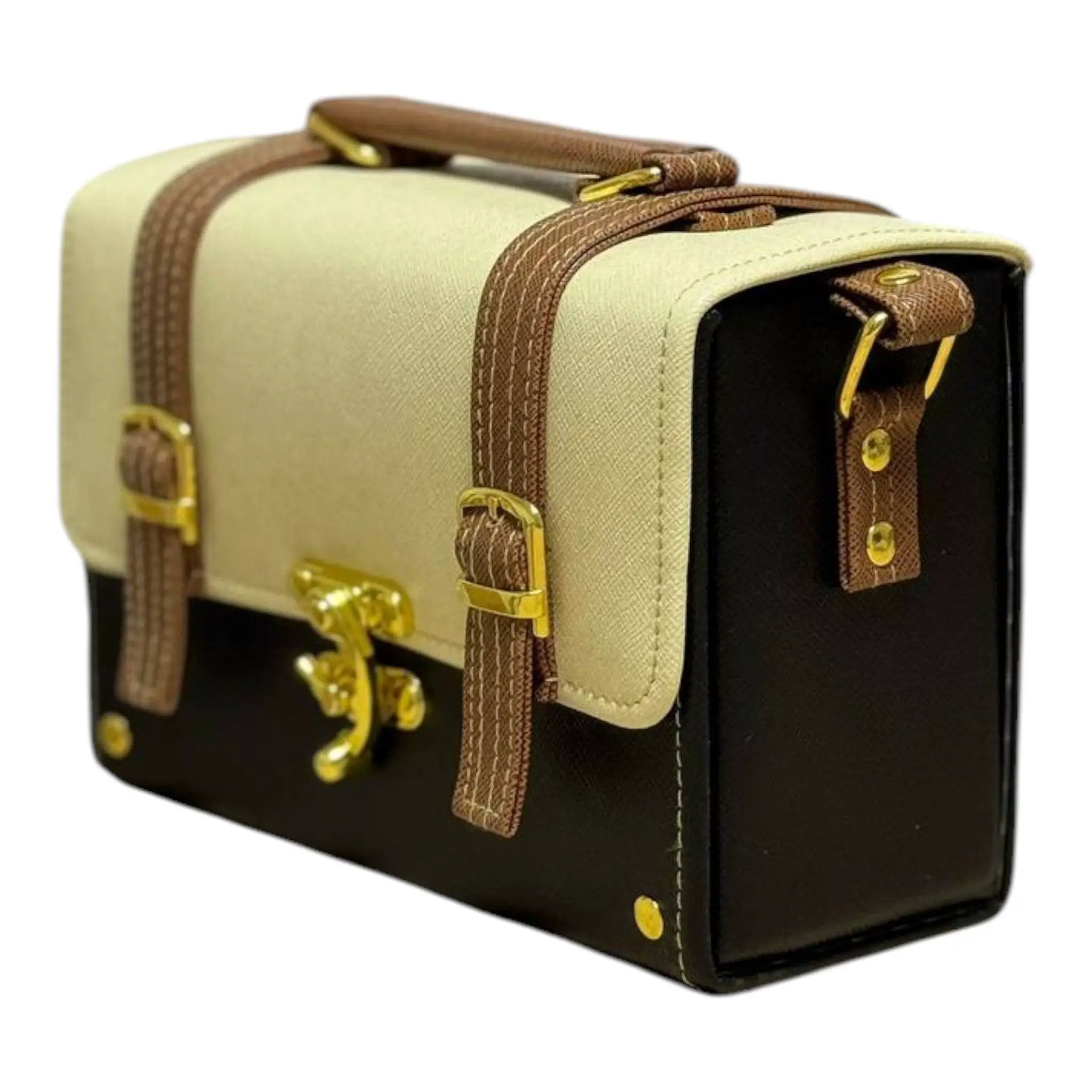 Vegan Leather Box Bag – Handmade Two-Tone Mini Satchel With Gold Hardware Clasp by navichi