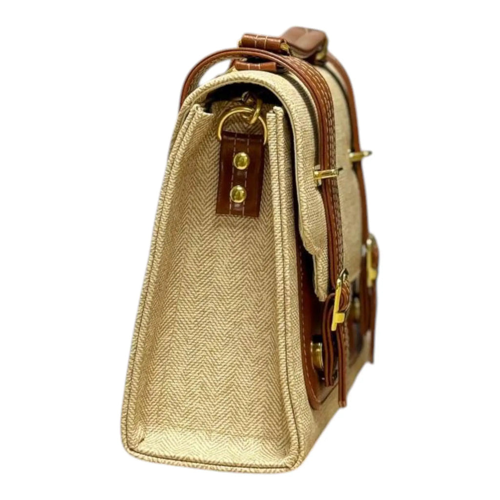 Vegan Leather Backpack – French Style Canvas Structured Beige Bag With Durable Vegan Leather by navichi
