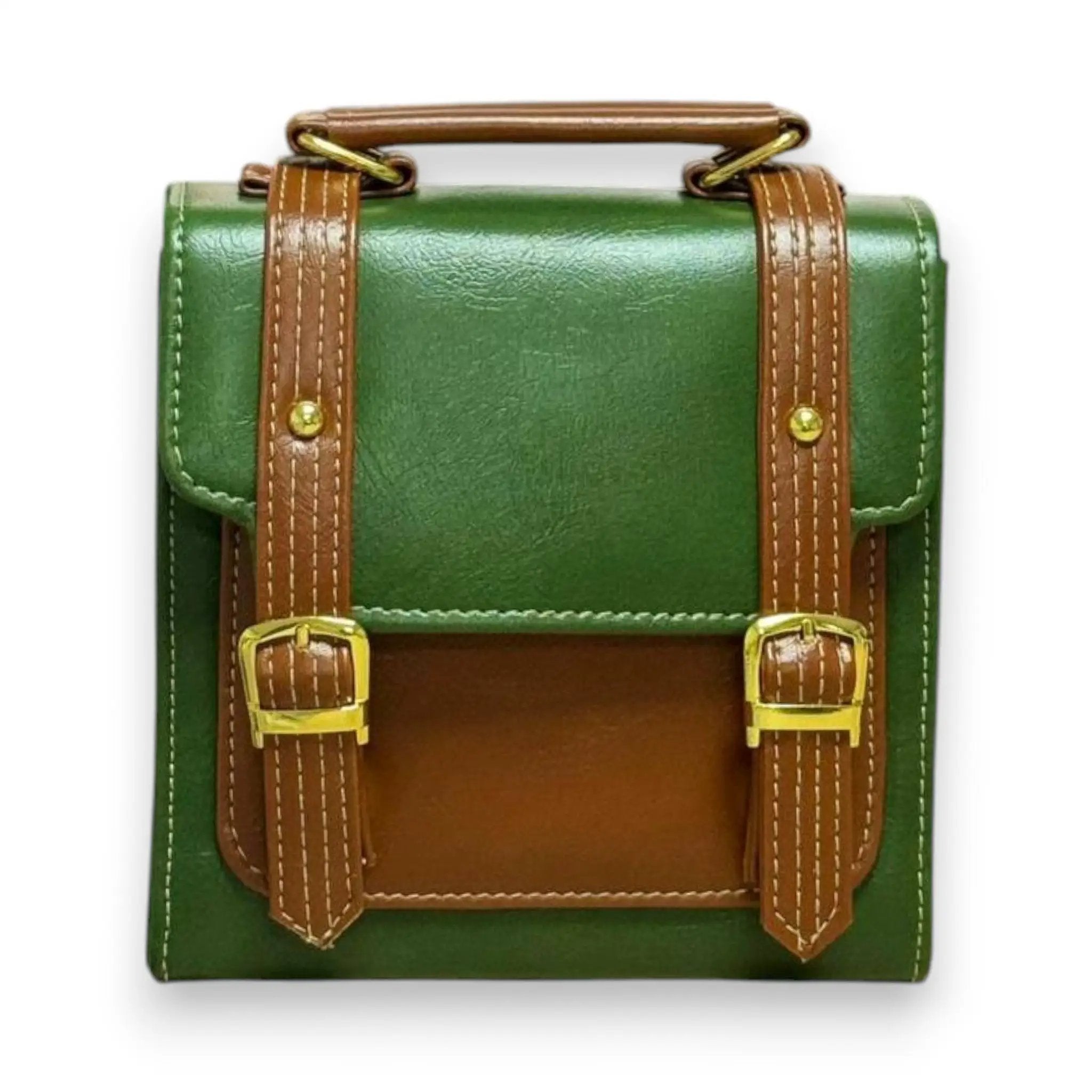 Vegan Leather Satchel – Handmade Forest Green French Style Structured Shoulder Bag by navichi