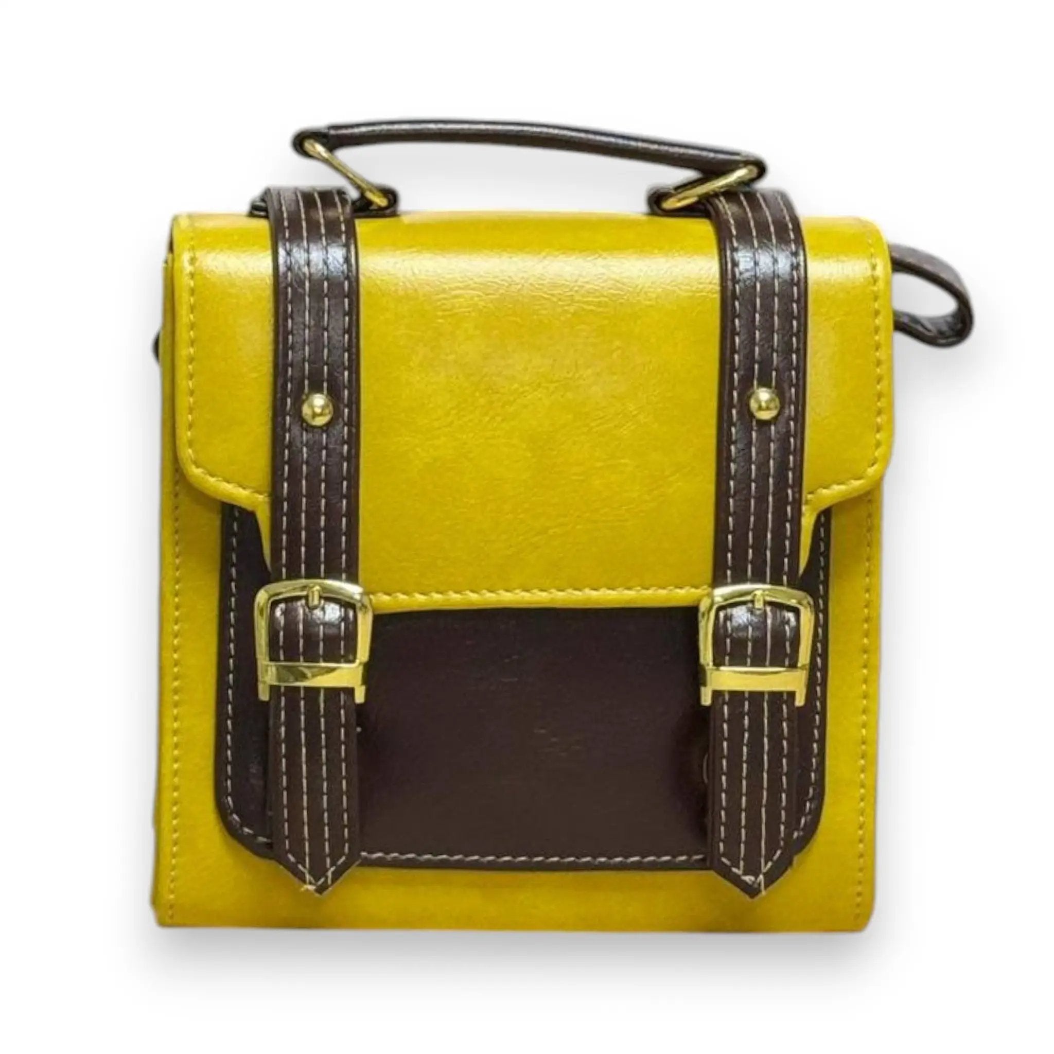 Vegan Leather Satchel – Handmade French Style Structured Shoulder Bag, Mustard Yellow by navichi