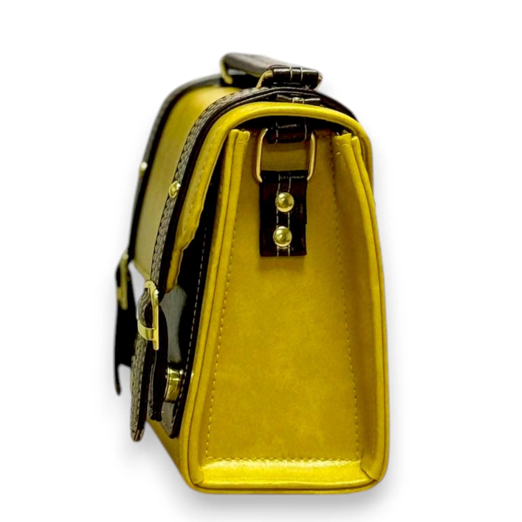 Vegan Leather Satchel – Handmade French Style Structured Shoulder Bag, Mustard Yellow by navichi