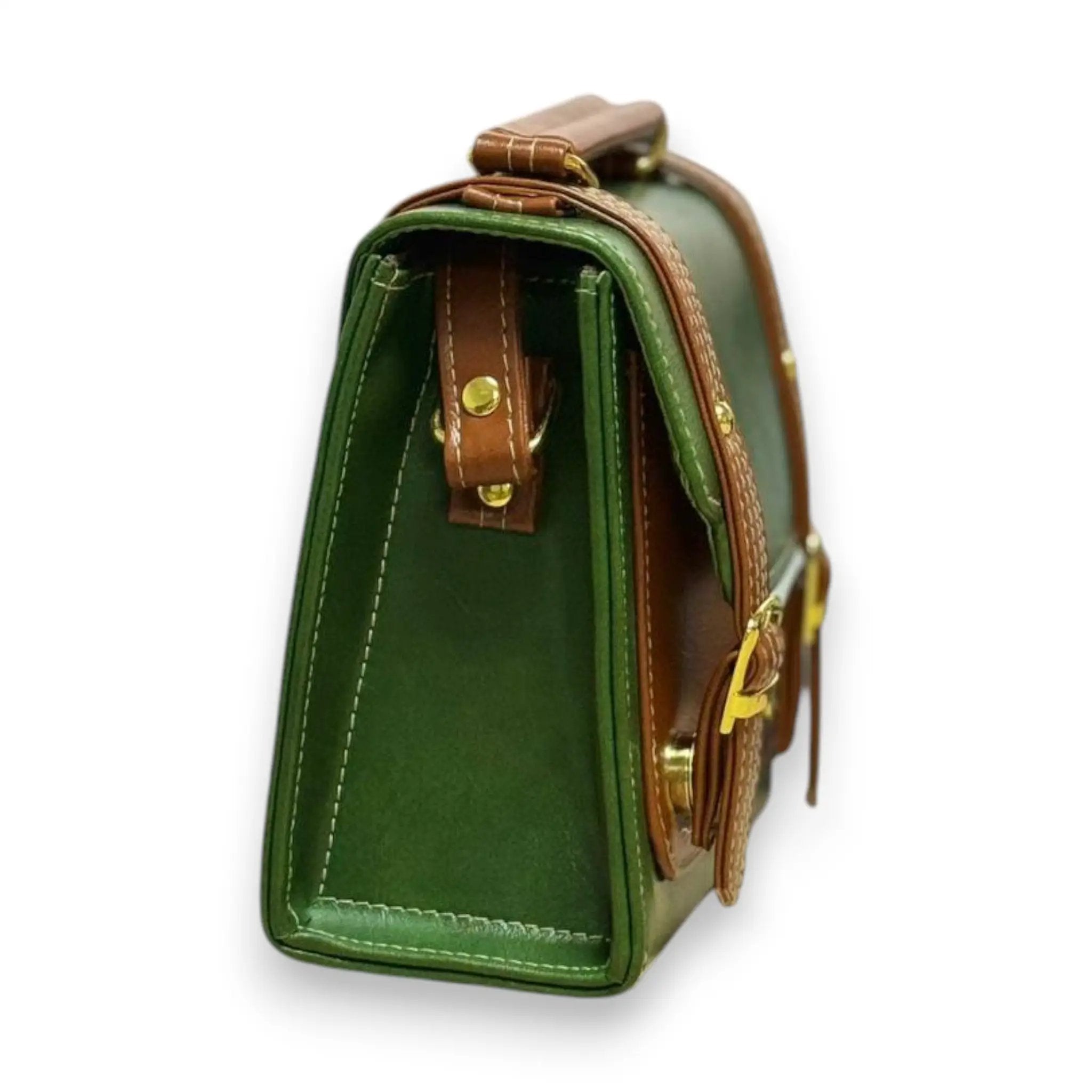 Vegan Leather Satchel – Handmade Forest Green French Style Structured Shoulder Bag by navichi