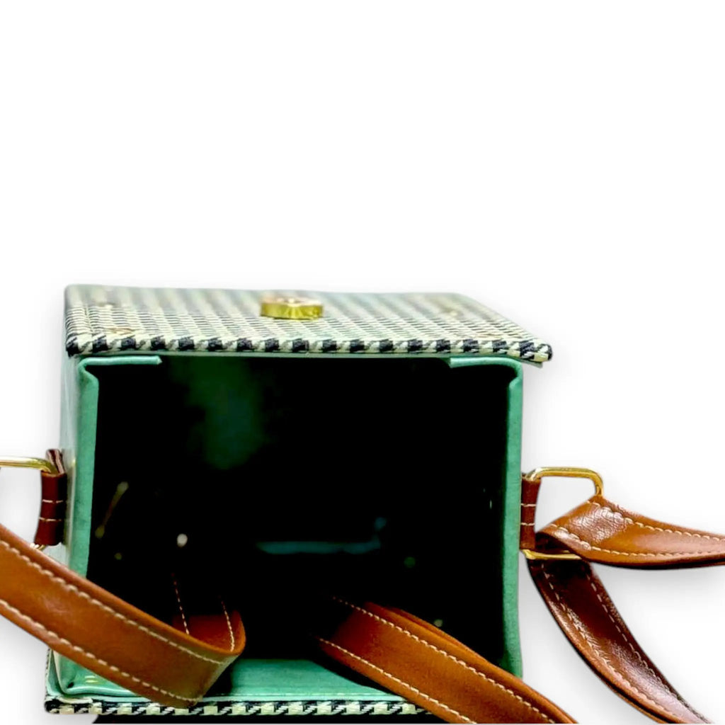 Vegan Leather Crossbody – Handmade Forest Green Bag with Houndstooth Flap by navichi