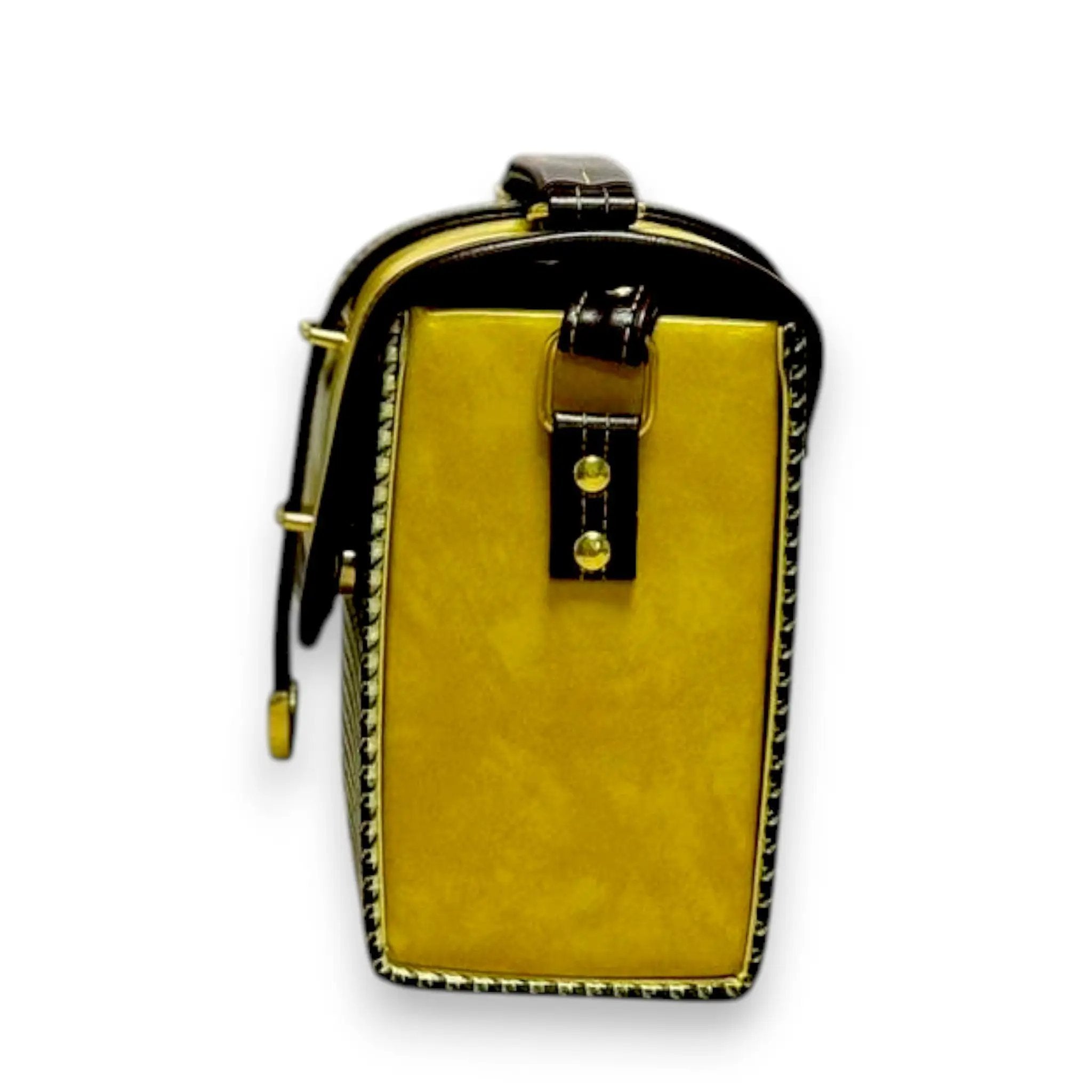 Vegan Leather Crossbody – Handmade Mustard Yellow Bag with Houndstooth Detail by navichi