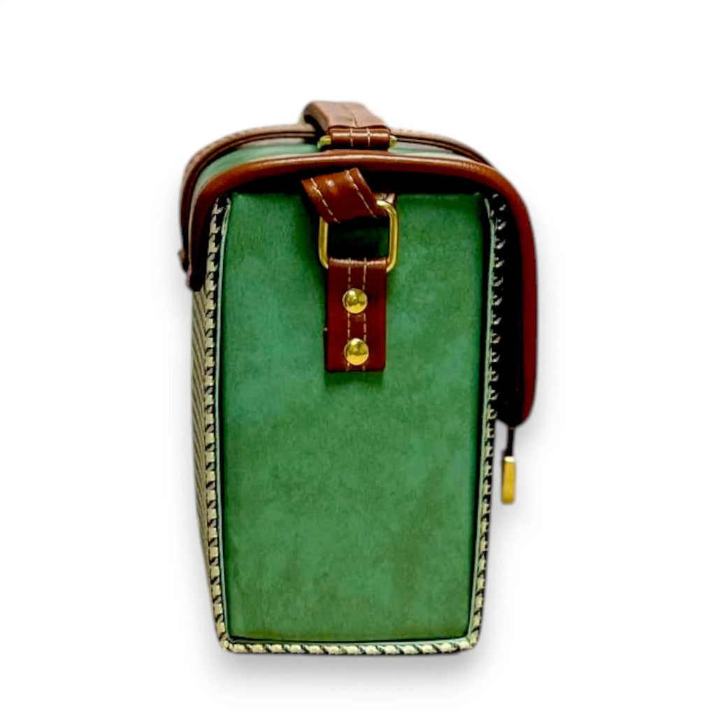 Vegan Leather Crossbody – Handmade Forest Green Bag with Houndstooth Flap by navichi