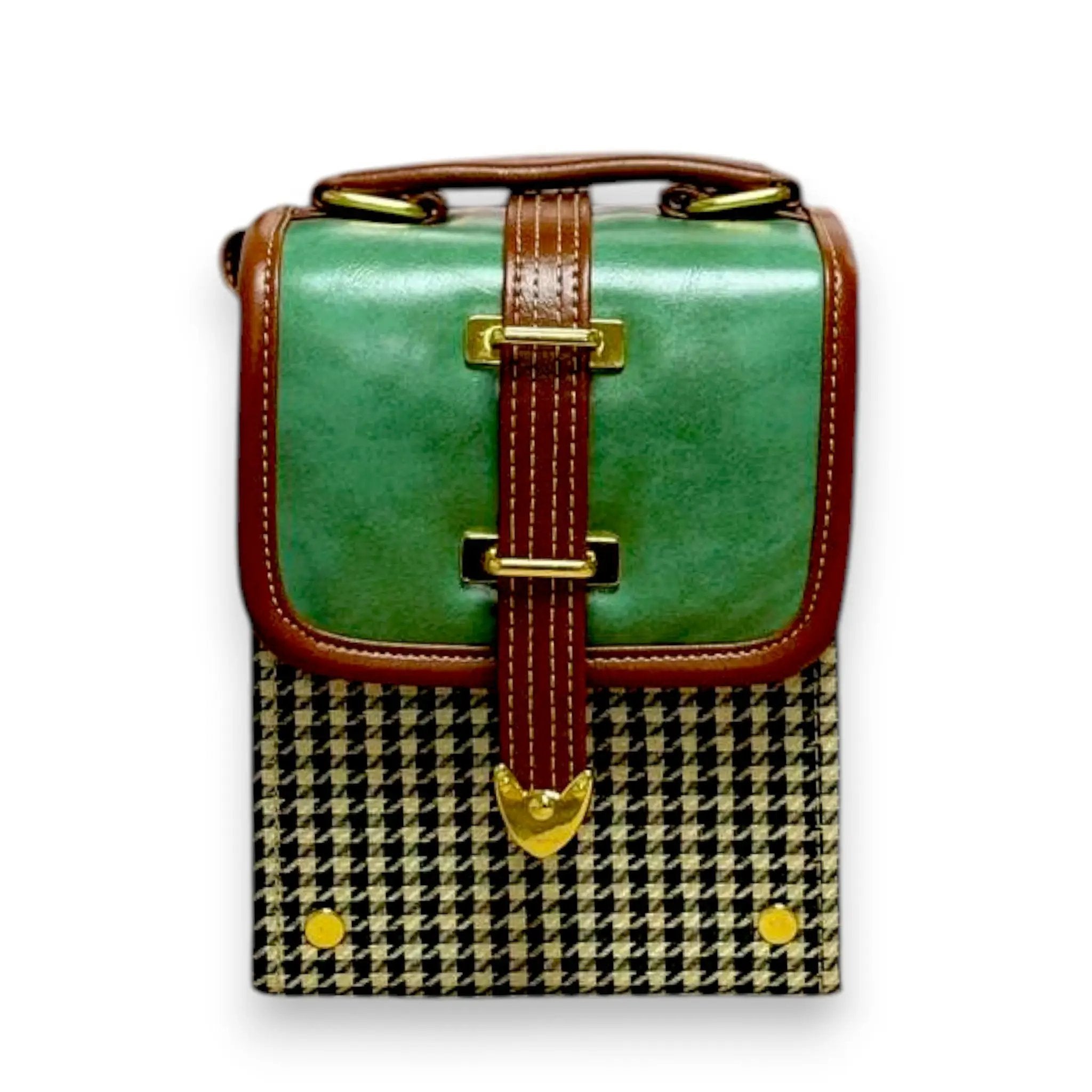 Vegan Leather Crossbody – Handmade Forest Green Bag with Houndstooth Flap by navichi
