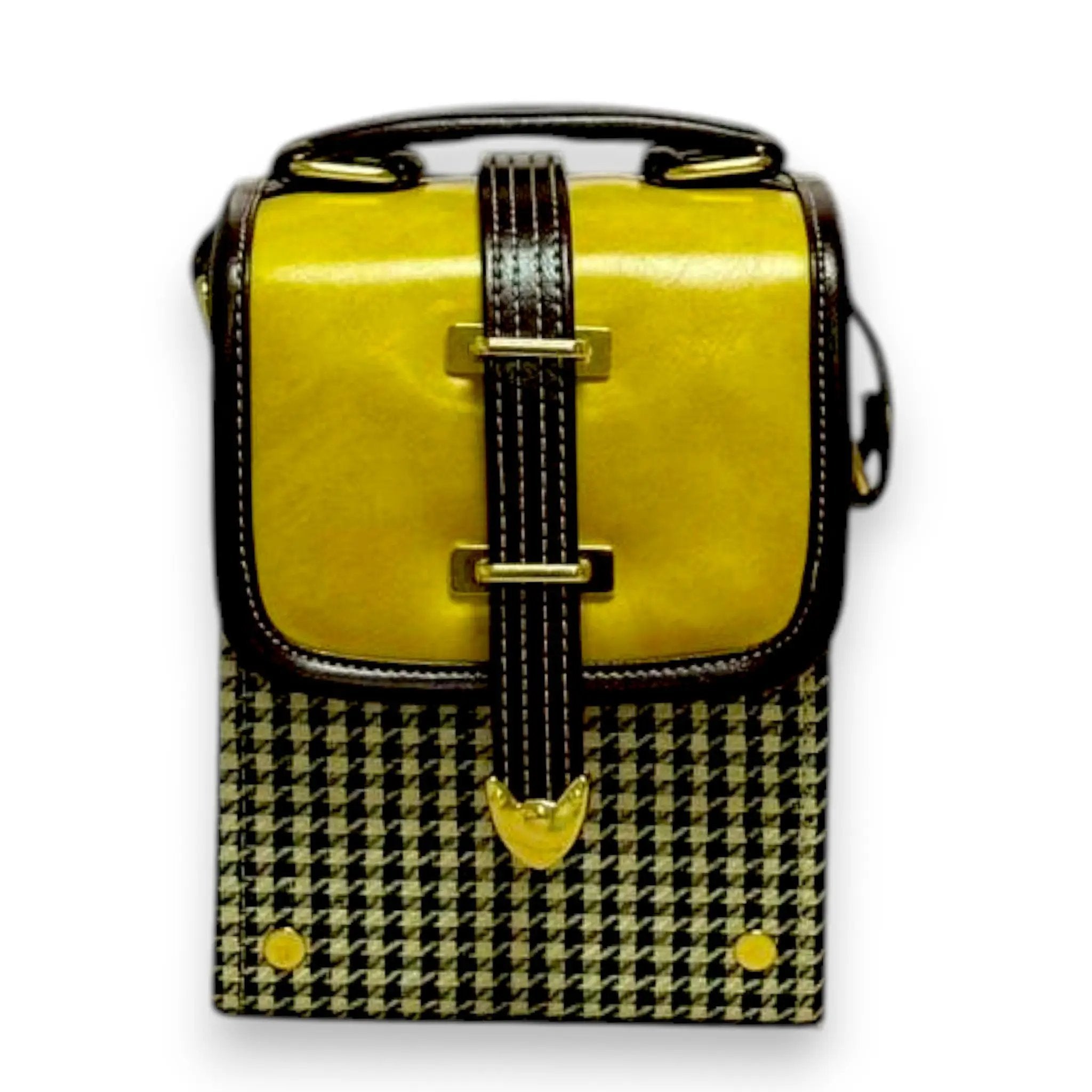 Vegan Leather Crossbody – Handmade Mustard Yellow Bag with Houndstooth Detail by navichi