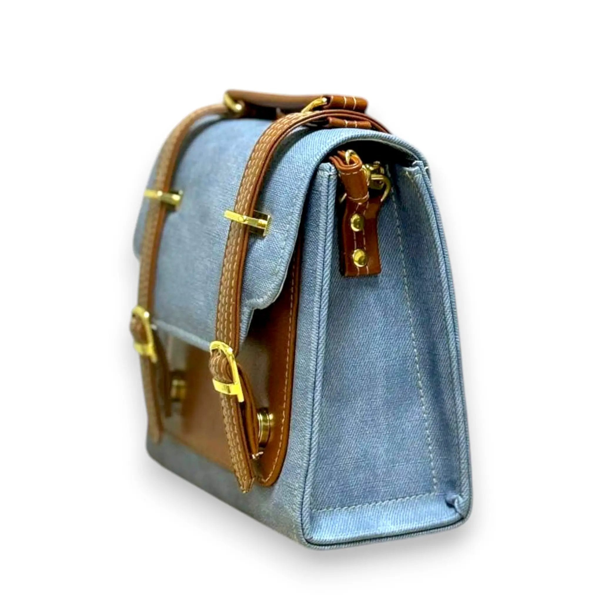 Vegan Leather Backpack – Handmade Blue Canvas Satchel With Classic Buckle Closure by navichi