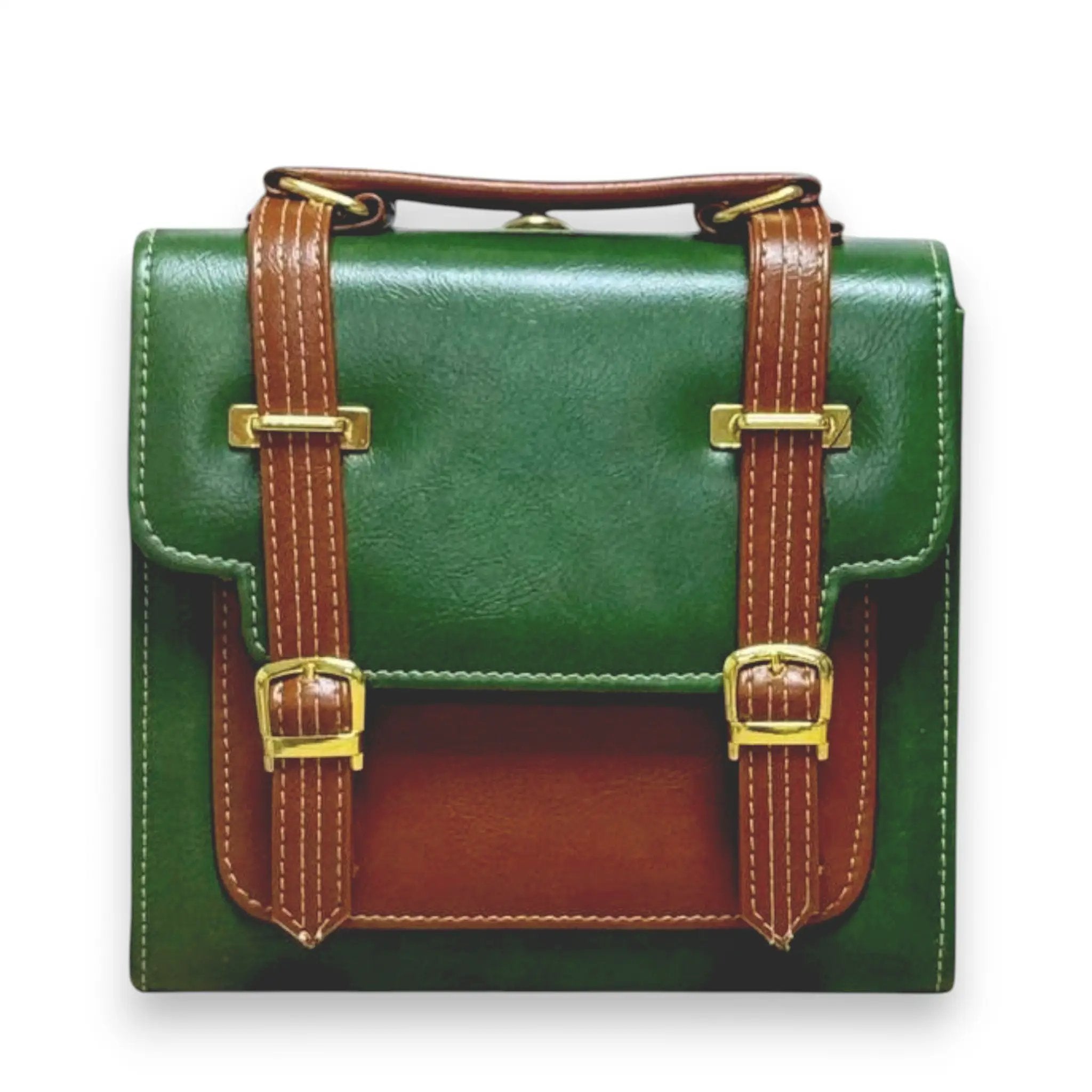 French Vegan Leather Backpack – Handmade Green Brown Bag | Structured Shoulder Bag by navichi