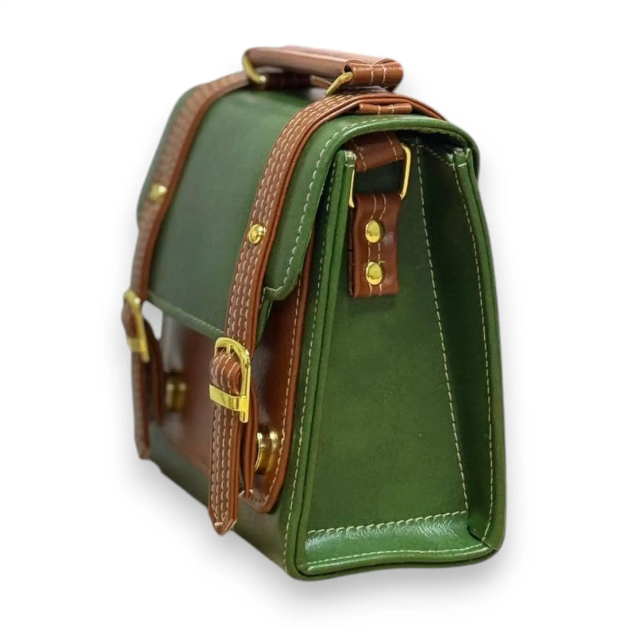 Vegan Leather Satchel – Handmade Forest Green French Style Structured Shoulder Bag by navichi