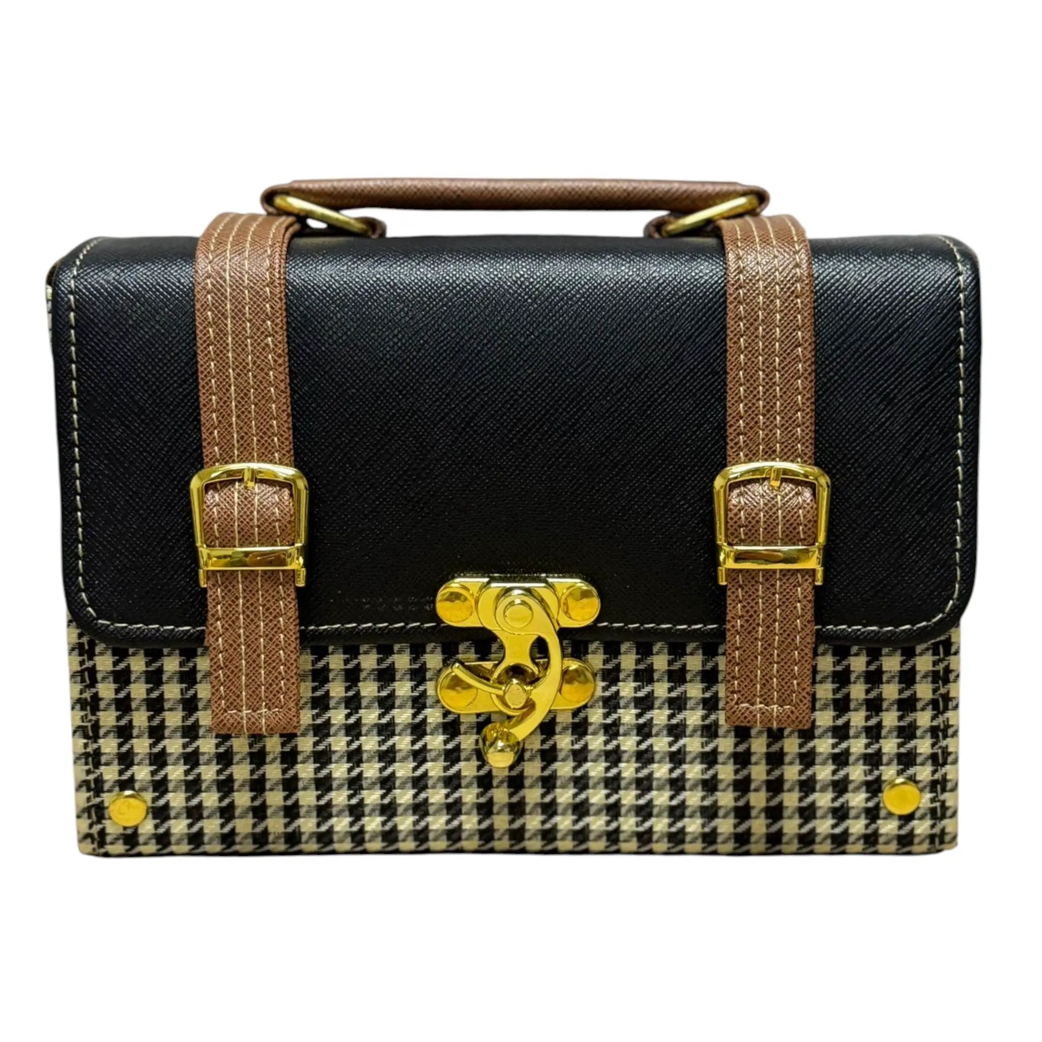 Vegan Leather Handbag – Handmade French Shoulder Bag | Black Houndstooth Purse by navichi