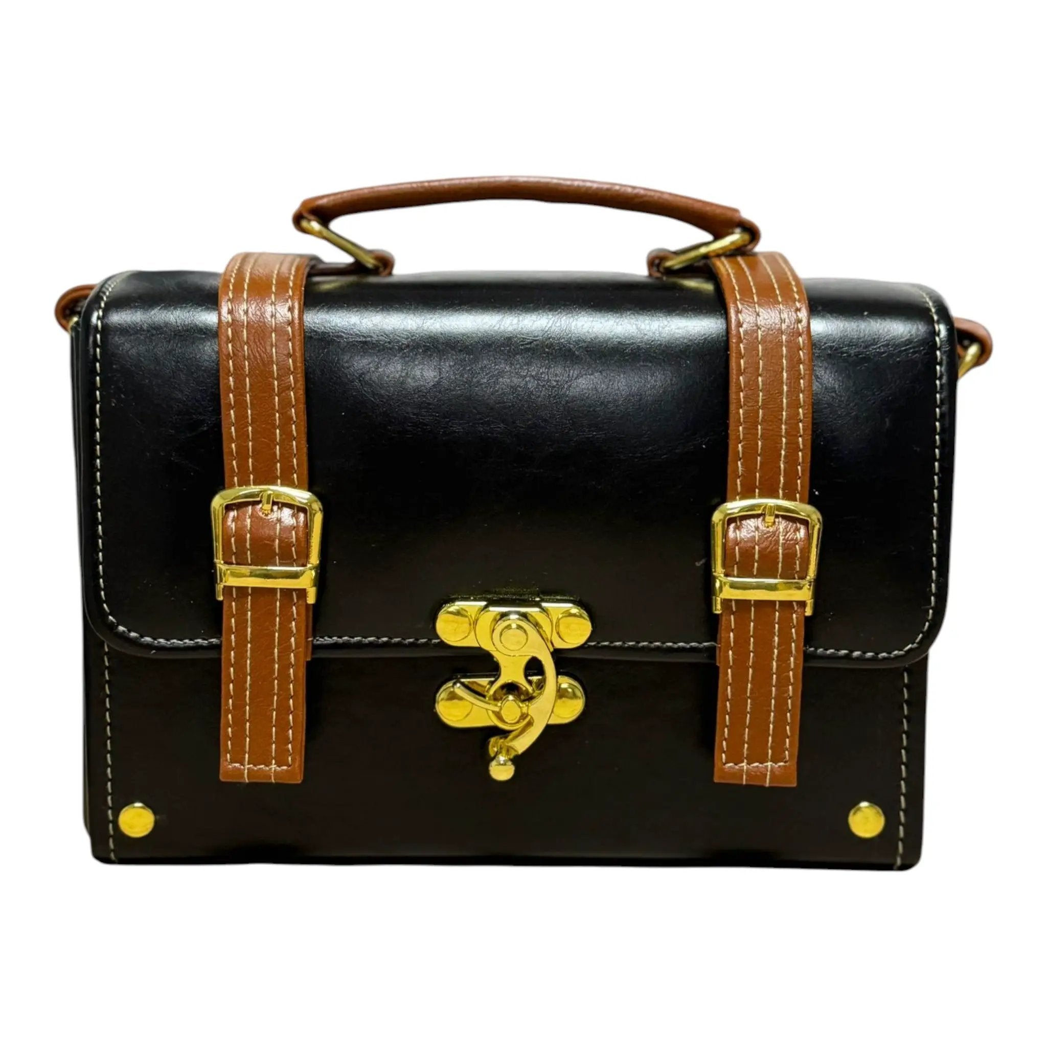 Vegan Leather Bag – Handmade Structured Box Bag with Caramel Brown Strap & Gold Hardware by navichi