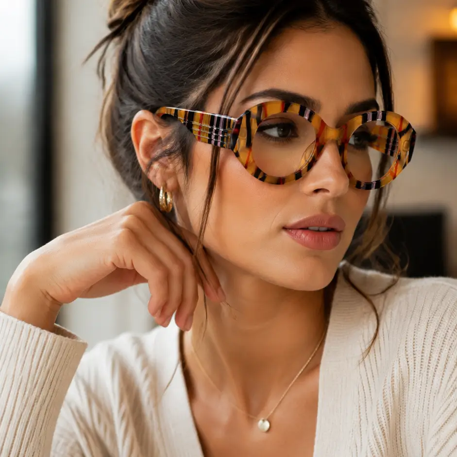 Stripe Yellow Anti Blue Light Reading Glasses For Women 2025 Luxury Brand Large Round Eyeglasses Frame Retro Transparent Glasses by Hegichi