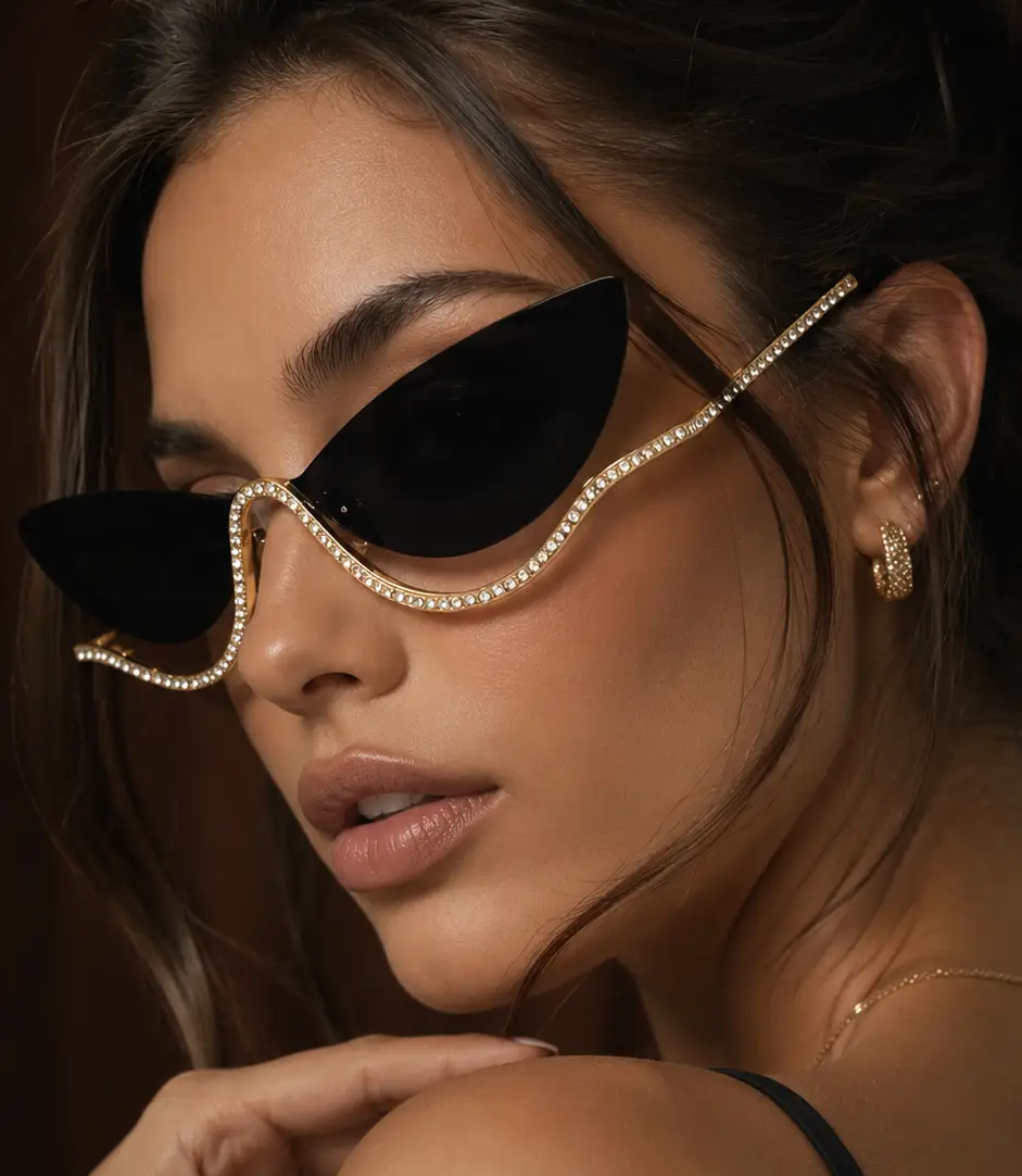 Frameless Diamond Cat-Eye Sunglasses for Women by Hegichi