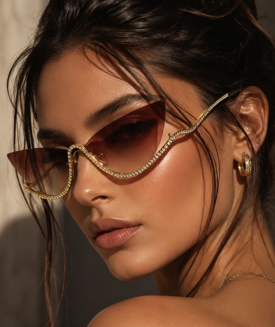 Frameless Diamond Cat-Eye Sunglasses for Women by Hegichi