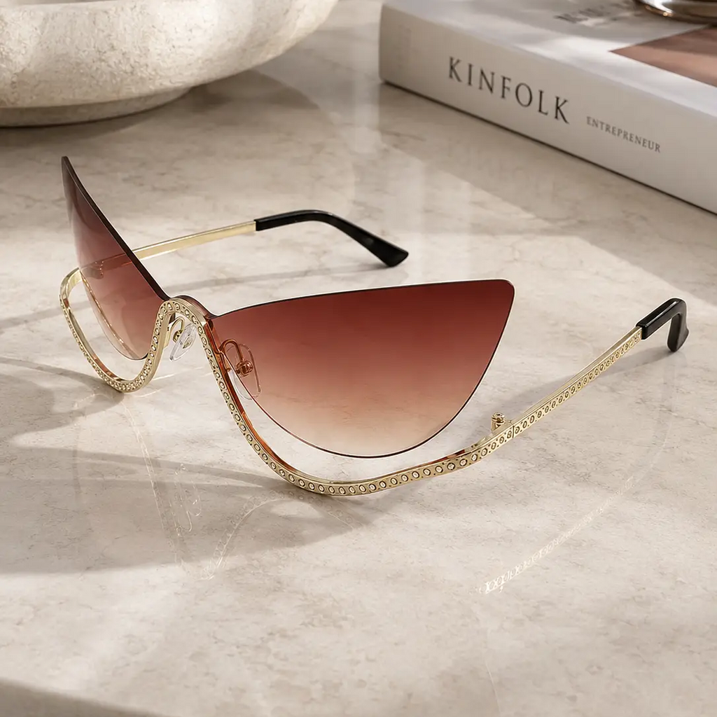 Frameless Cat-Eye Sunglasses with Diamonds for Women, Trendy Street Style Fashion Anti-Uv Glasses by Hegichi