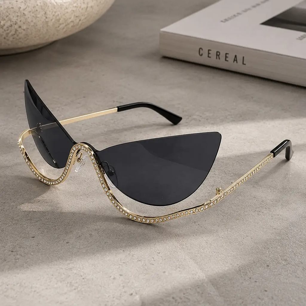 Frameless Cat-Eye Sunglasses with Diamonds for Women, Trendy Street Style Fashion Anti-Uv Glasses by Hegichi