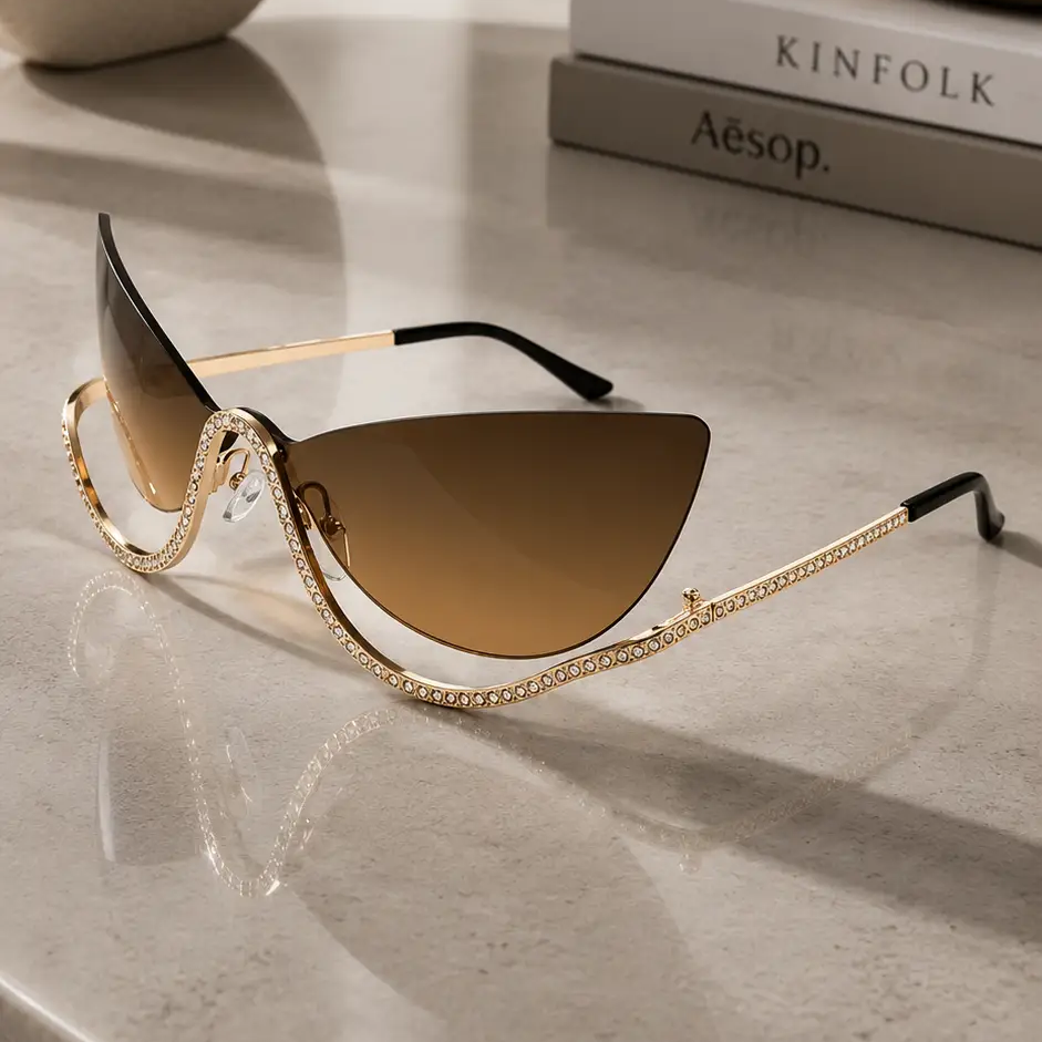 Frameless Cat-Eye Sunglasses with Diamonds for Women, Trendy Street Style Fashion Anti-Uv Glasses by Hegichi