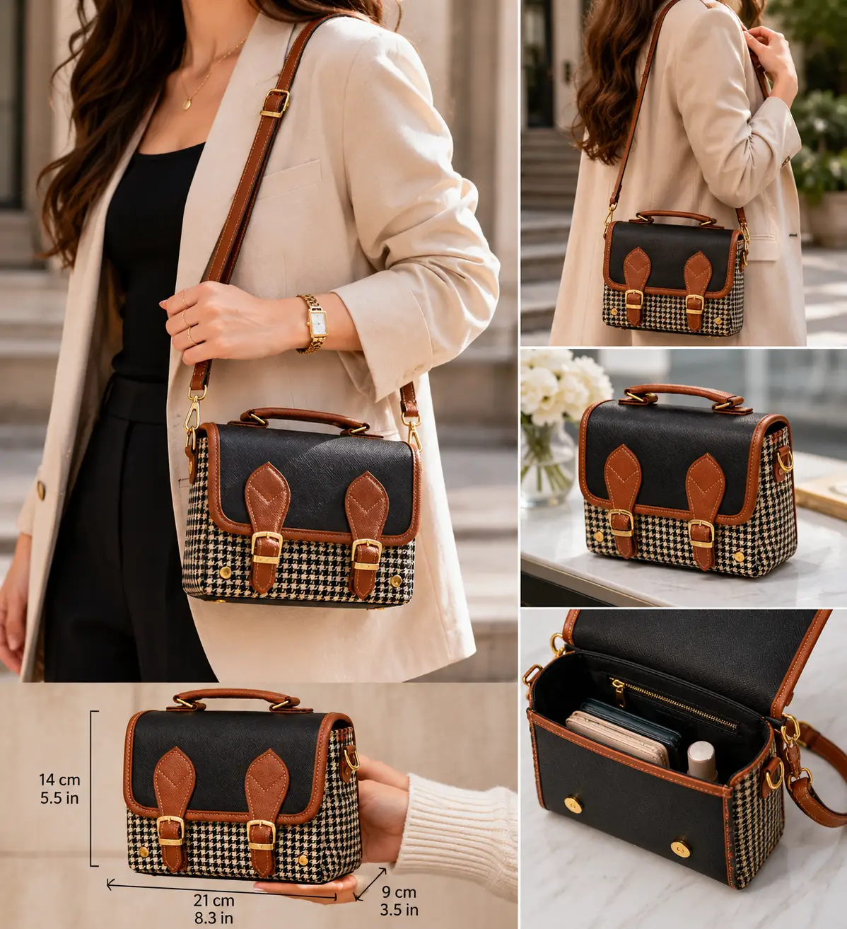 Vegan Leather Satchel Handmade With Houndstooth Pattern Timeless British Design Limited Edition by navichi