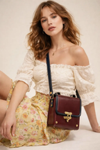 Vegan Leather Crossbody Handmade Bag – Burgundy Gold Lock Compact Shoulder Bag by navichi