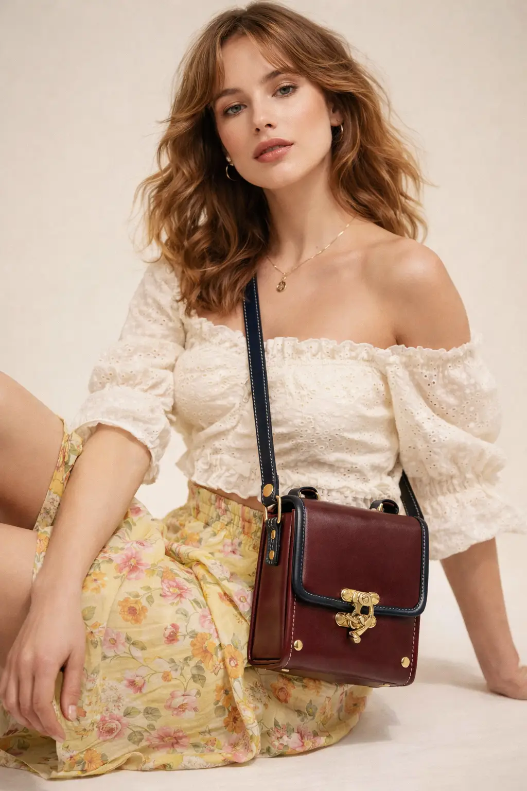 Vegan Leather Crossbody Handmade Bag – Burgundy Gold Lock Compact Shoulder Bag by navichi