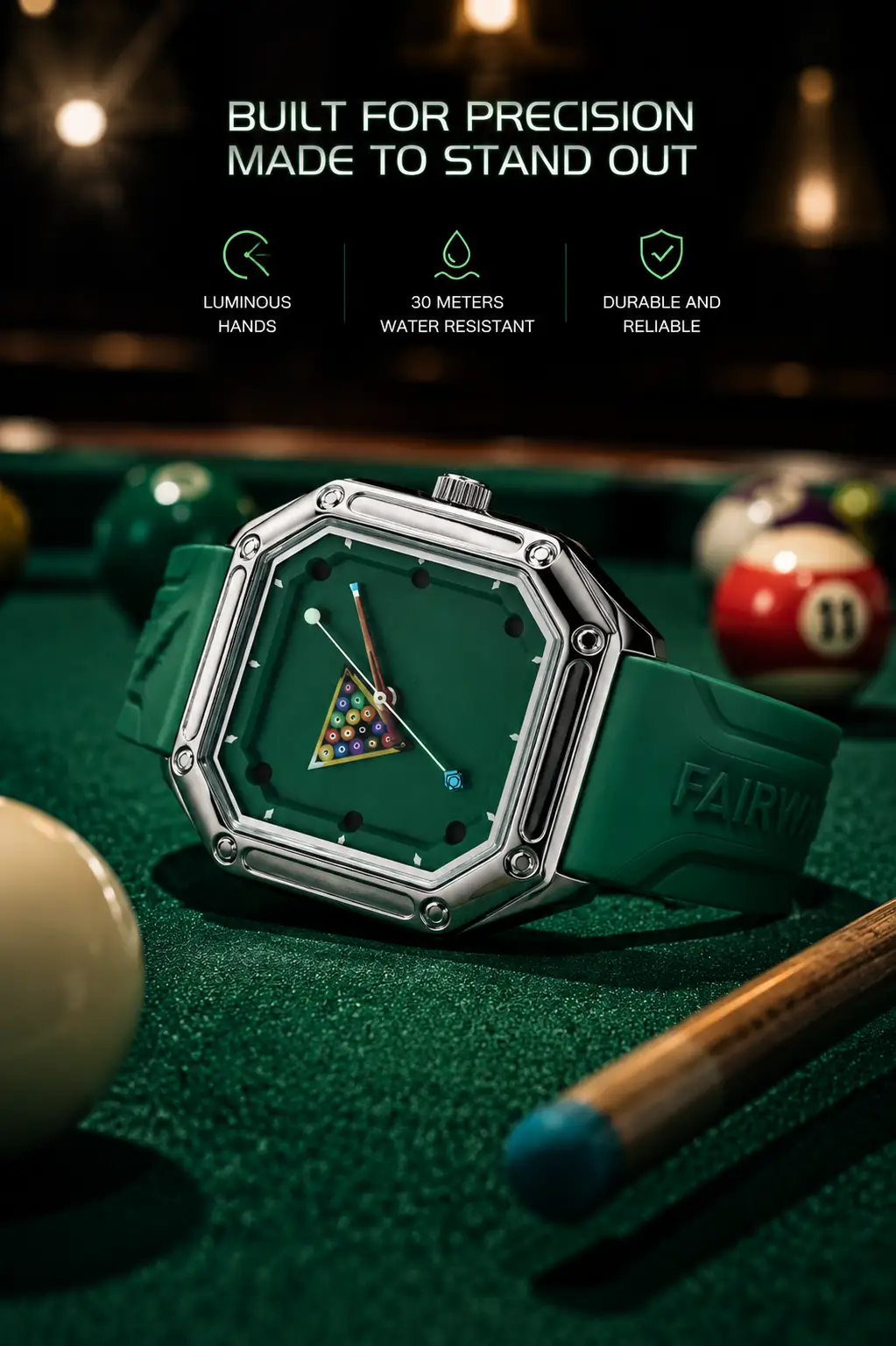 Quartz Watch Stainless Steel Square Case Green Billiards Collection Elite For Men by Adornity