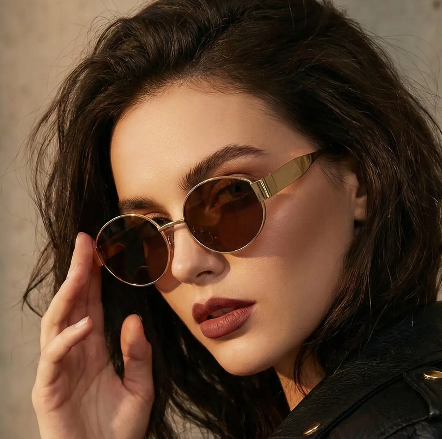 نظارات شمسية بيضاوية الشكل للنساء والرجال، بإطار معدني عصري، وألوان كلاسيكية.