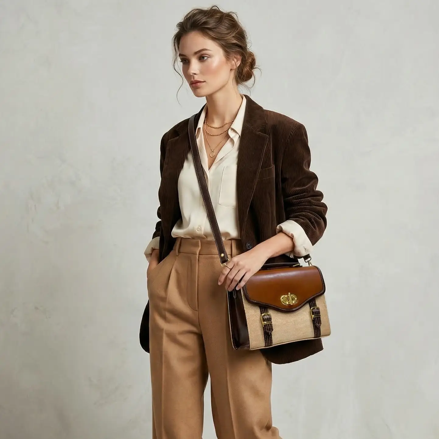 Canvas Leather Satchel – Vintage Brown Vegan Leather Bag With Gold Buckle by navichi