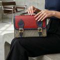 Vegan Leather Handbag – Handmade French Red Houndstooth Bag with Navy Buckle Straps by navichi