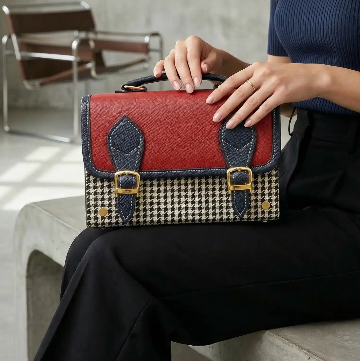 Vegan Leather Handbag – Handmade French Red Houndstooth Bag with Navy Buckle Straps by navichi