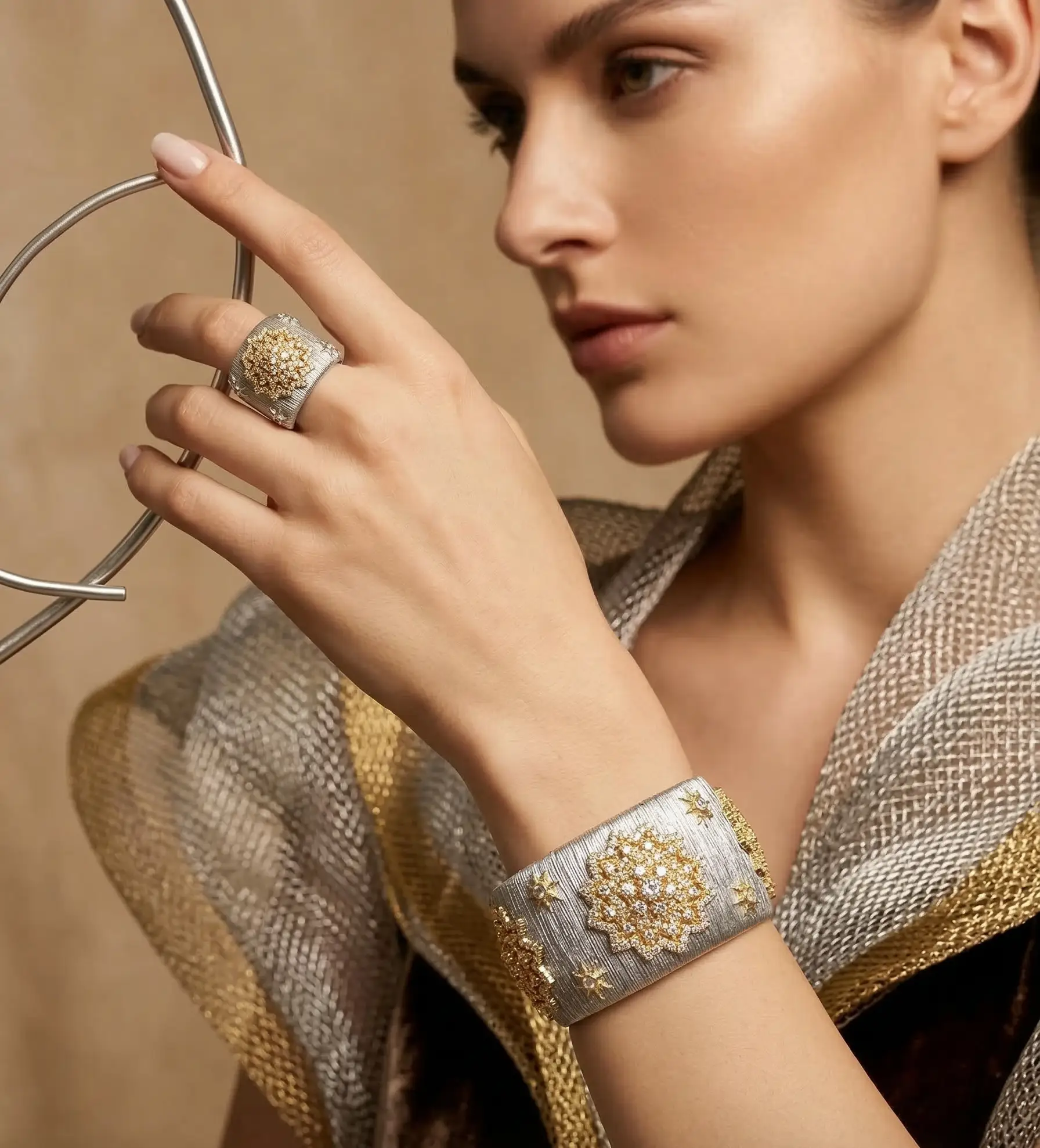 Gold Plated Bracelet – Cubic Zirconia Ring & Flower Pattern Vintage Copper Bangles Set by Adornity