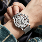Skeleton Watch With Metal Mesh Band Exclusive Collection Faux Mechanical Quartz by Adornity