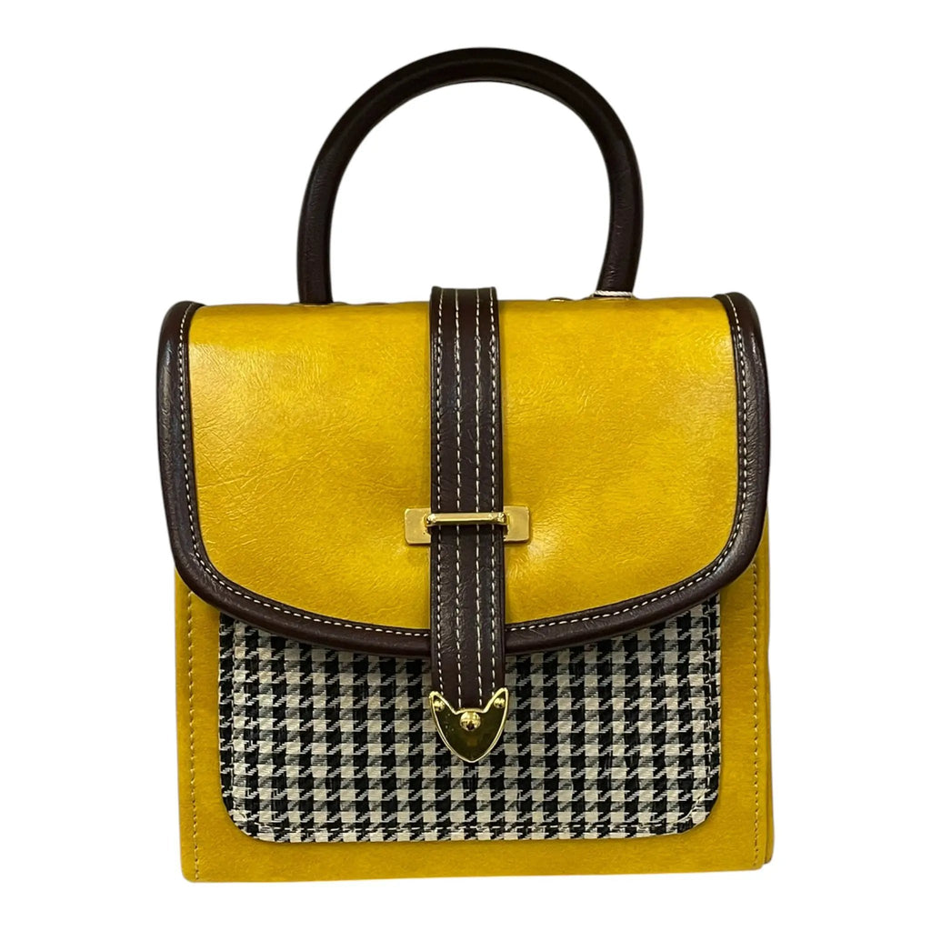 Yellow Vegan Leather Handbag – Structured Top Handle Bag with Gold Hardware, French Style by navichi