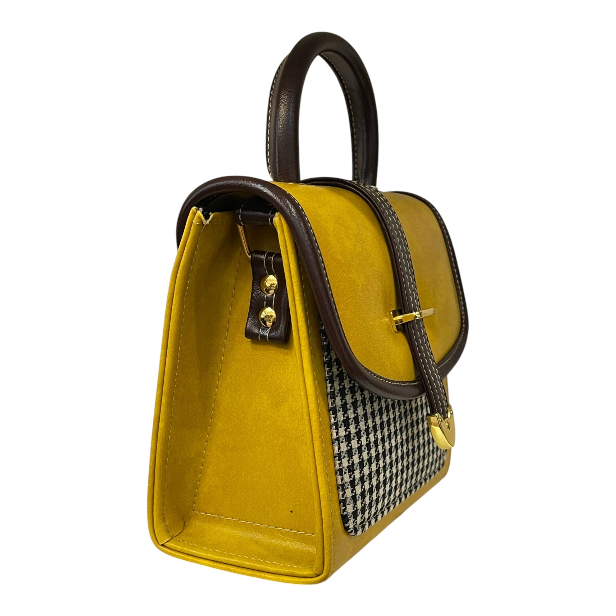 Yellow Vegan Leather Handbag – Structured Top Handle Bag with Gold Hardware, French Style by navichi